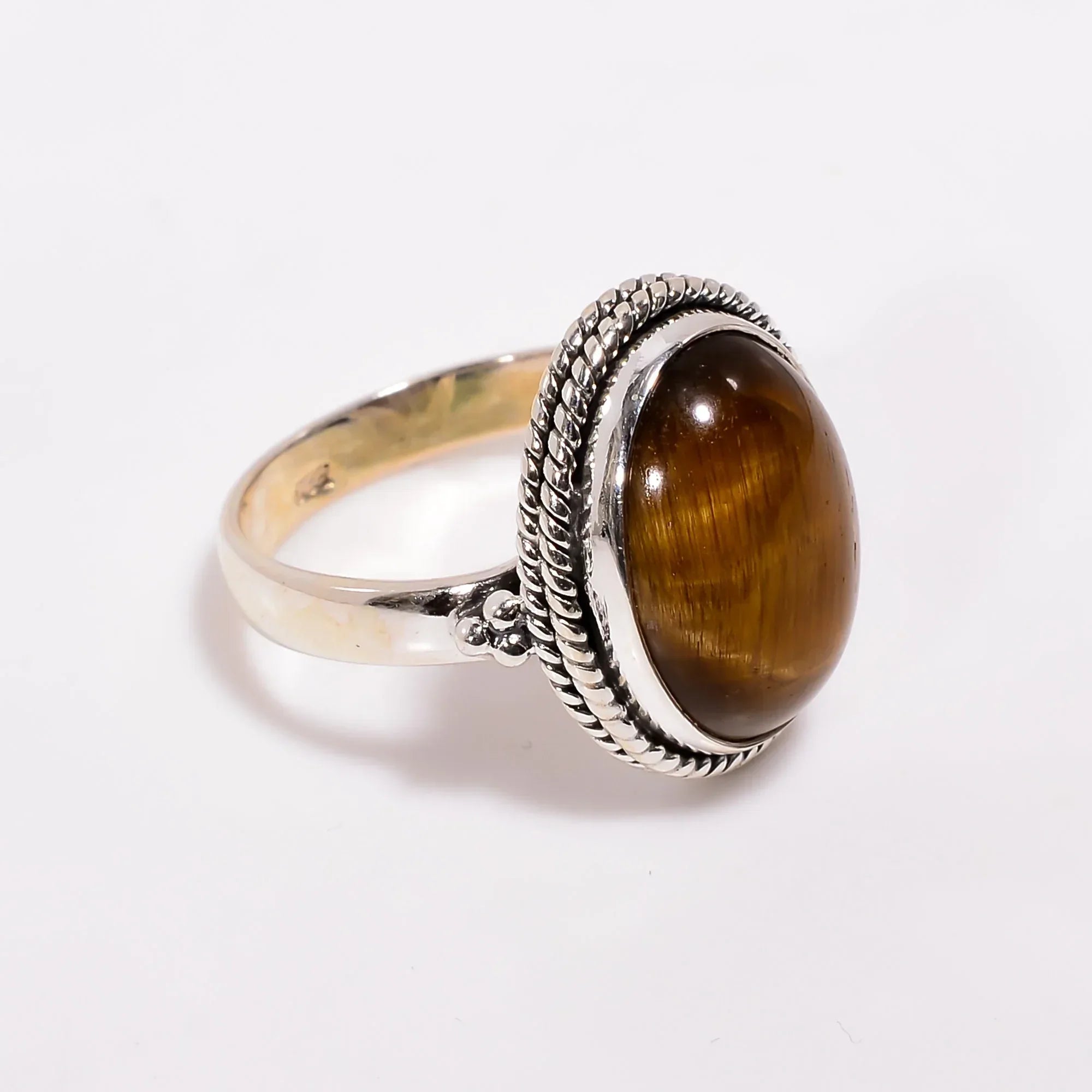 925 Sterling Silver Tiger's Eye Ring: Oval Gemstone Statement Ring