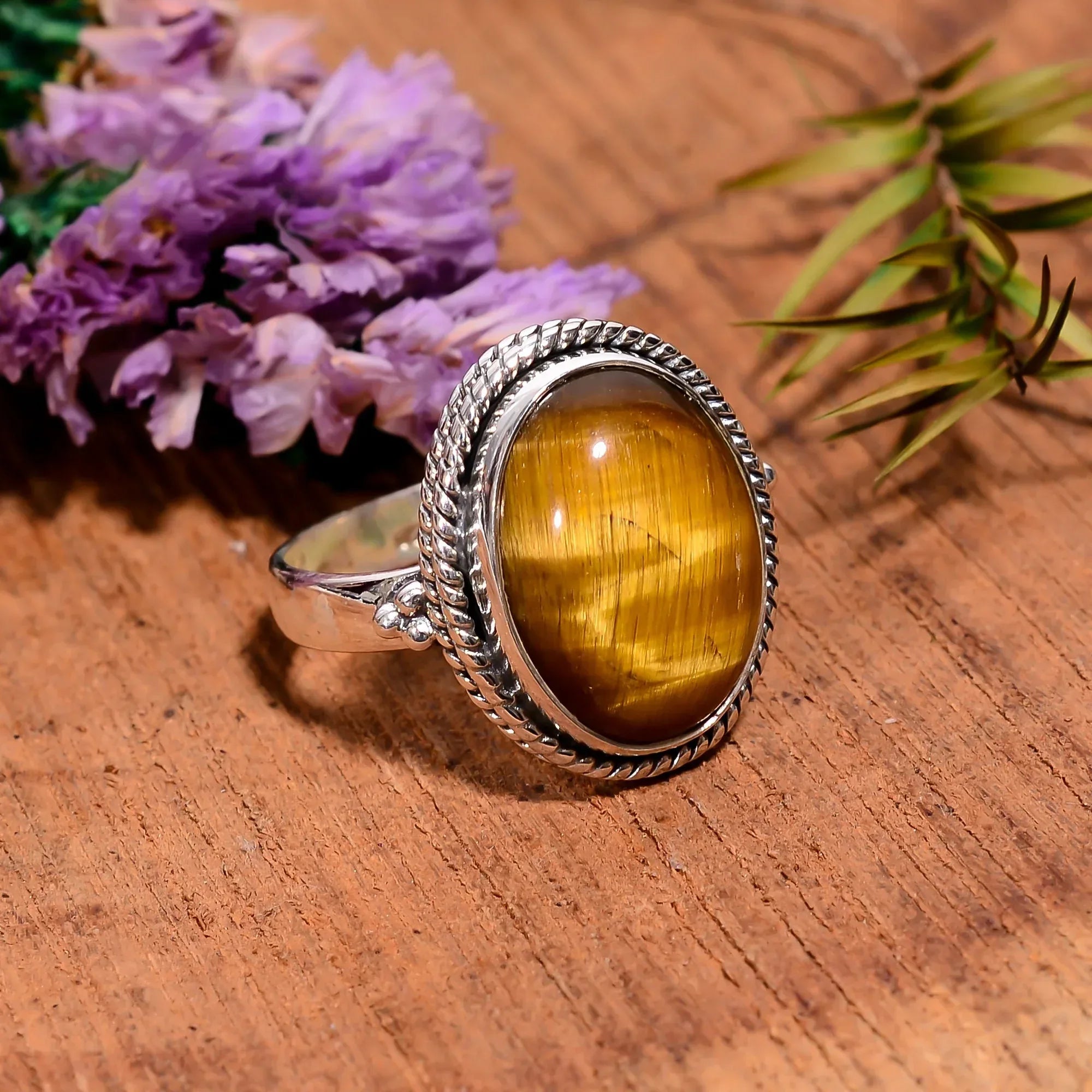 925 Sterling Silver Tiger's Eye Ring: Oval Gemstone Statement Ring