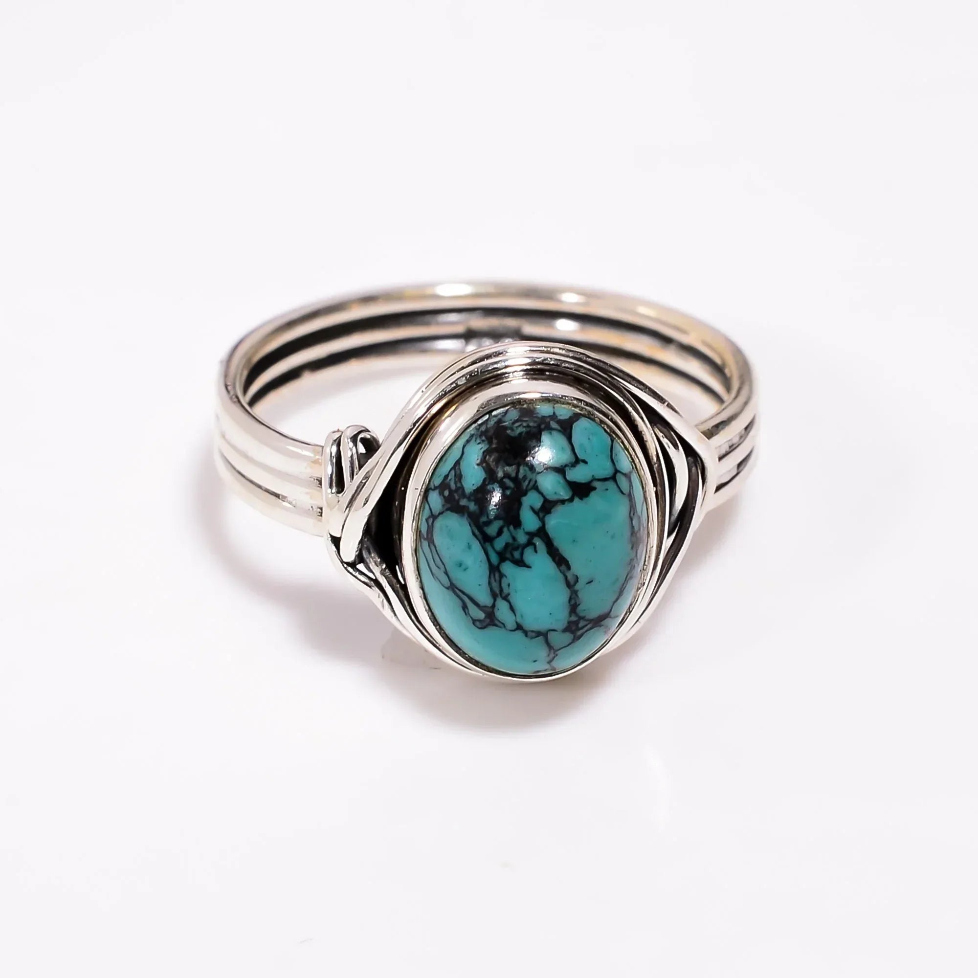 Cabochon Turquoise 925 Sterling Silver Ring: Boho Oval Stone