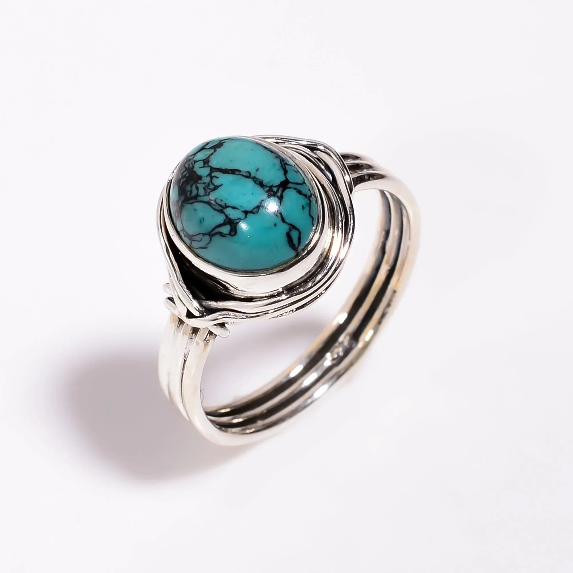 Cabochon Turquoise 925 Sterling Silver Ring: Boho Oval Stone