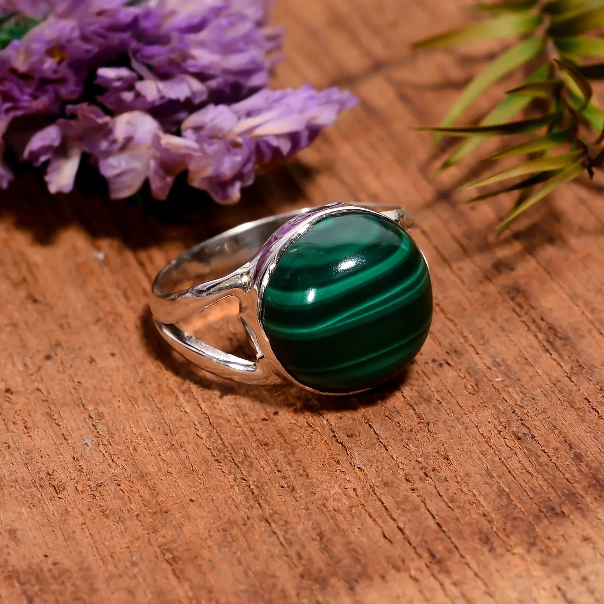 Handmade 925 Sterling Silver Malachite Ring: Natural Gemstone Jewelry