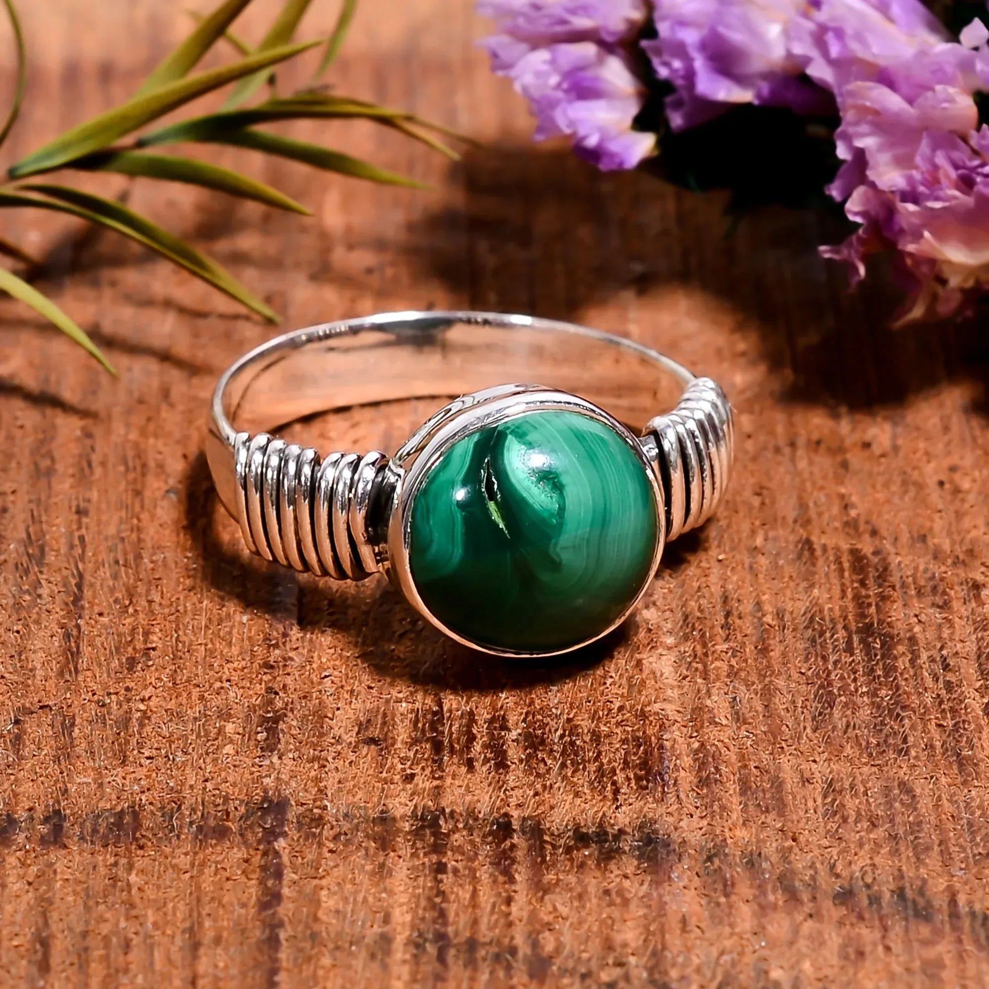 Handmade Malachite Ring: 925 Sterling Silver Gemstone Jewelry