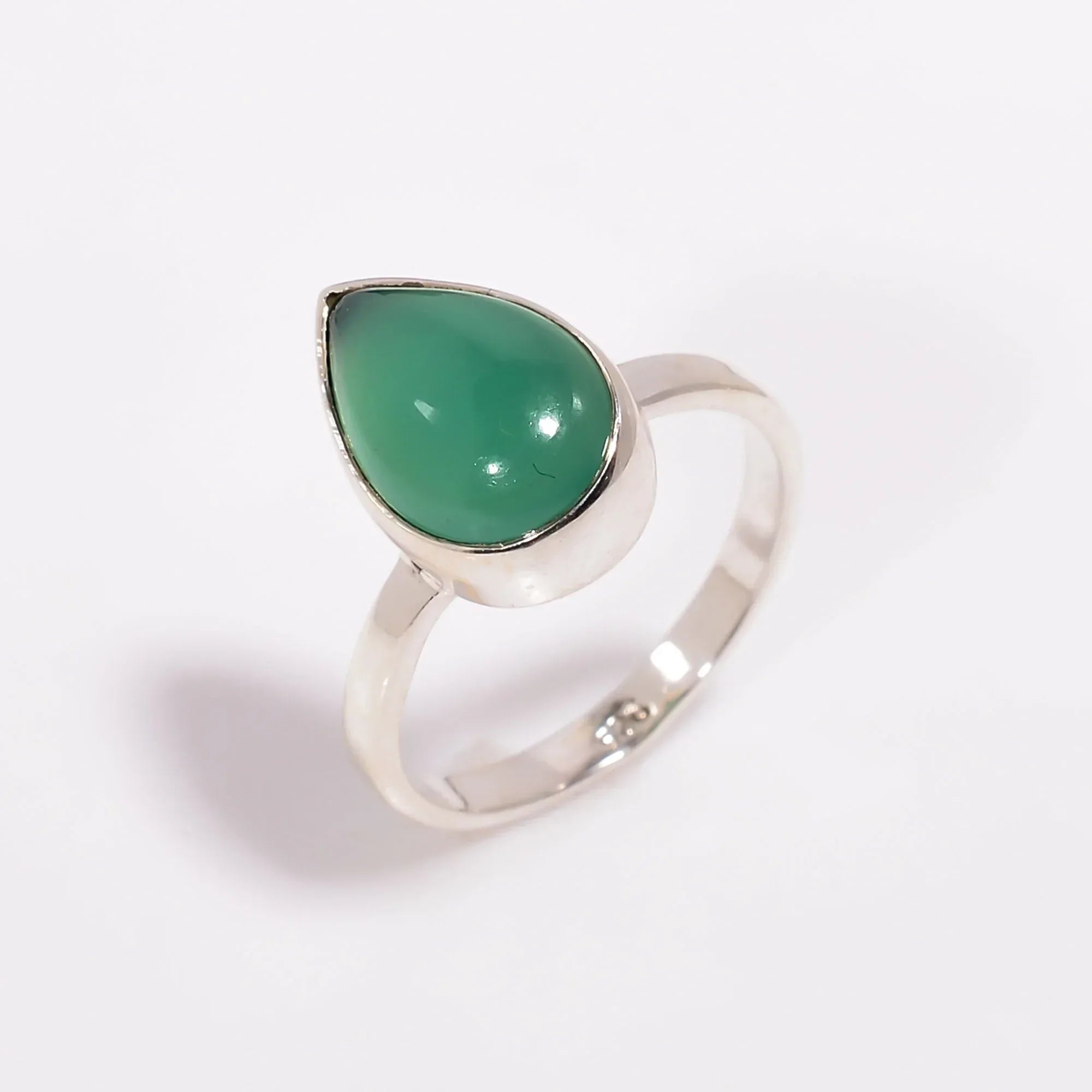 Green Onyx Ring: Pear Cabochon, 925 Sterling Silver, Handmade Jewelry
