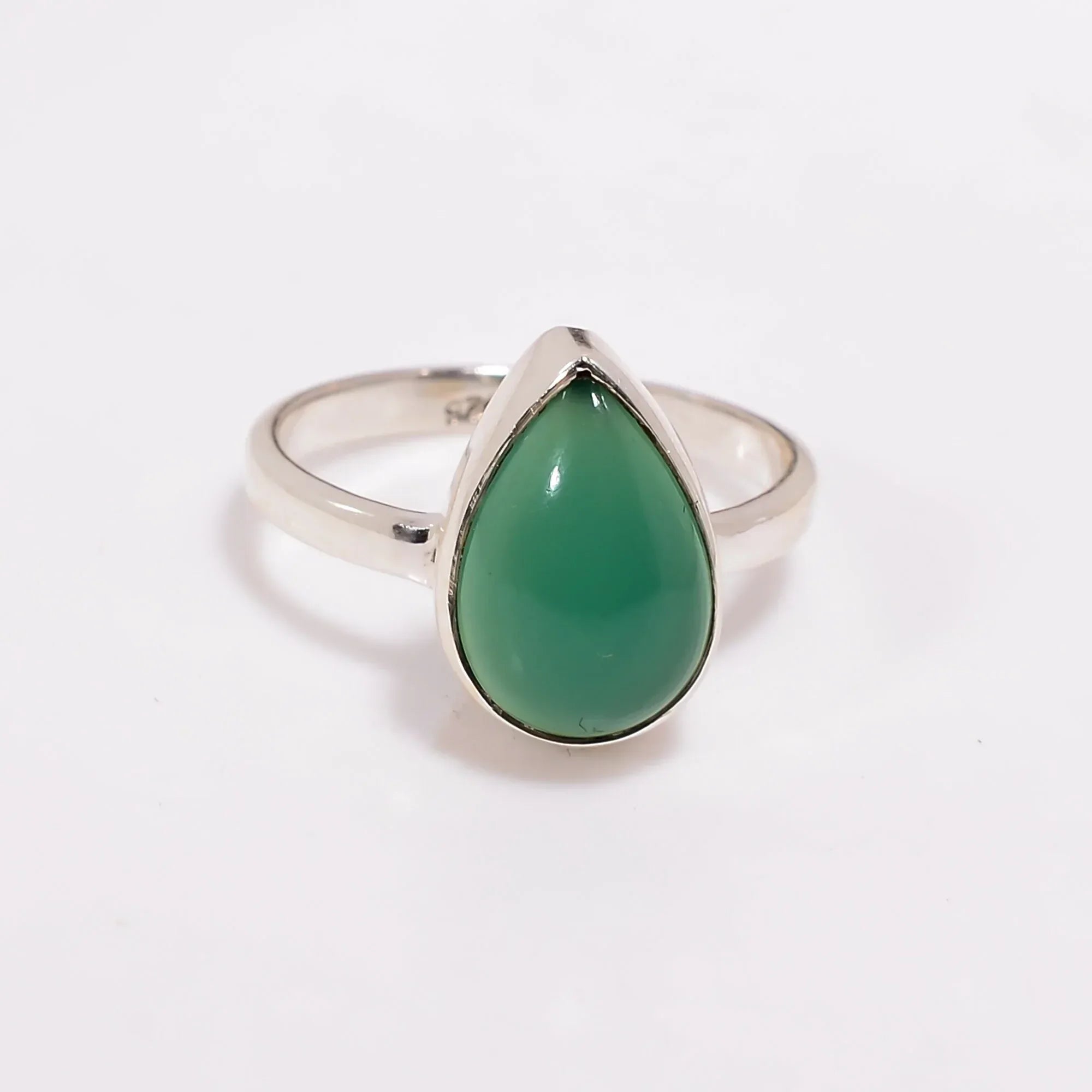 Green Onyx Ring: Pear Cabochon, 925 Sterling Silver, Handmade Jewelry
