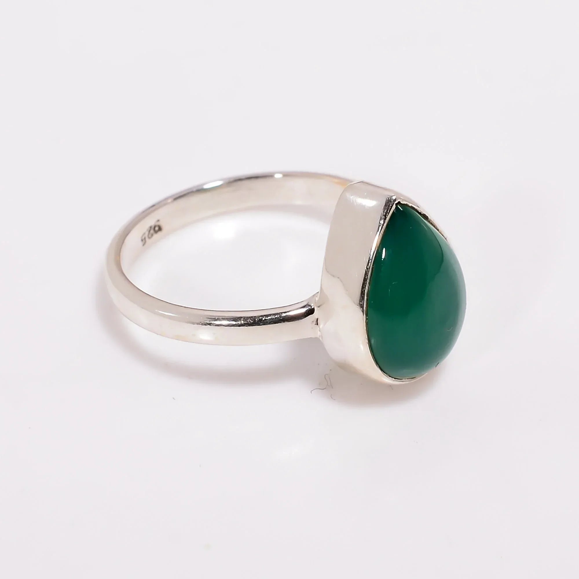 Green Onyx Ring: Pear Cabochon, 925 Sterling Silver, Handmade Jewelry
