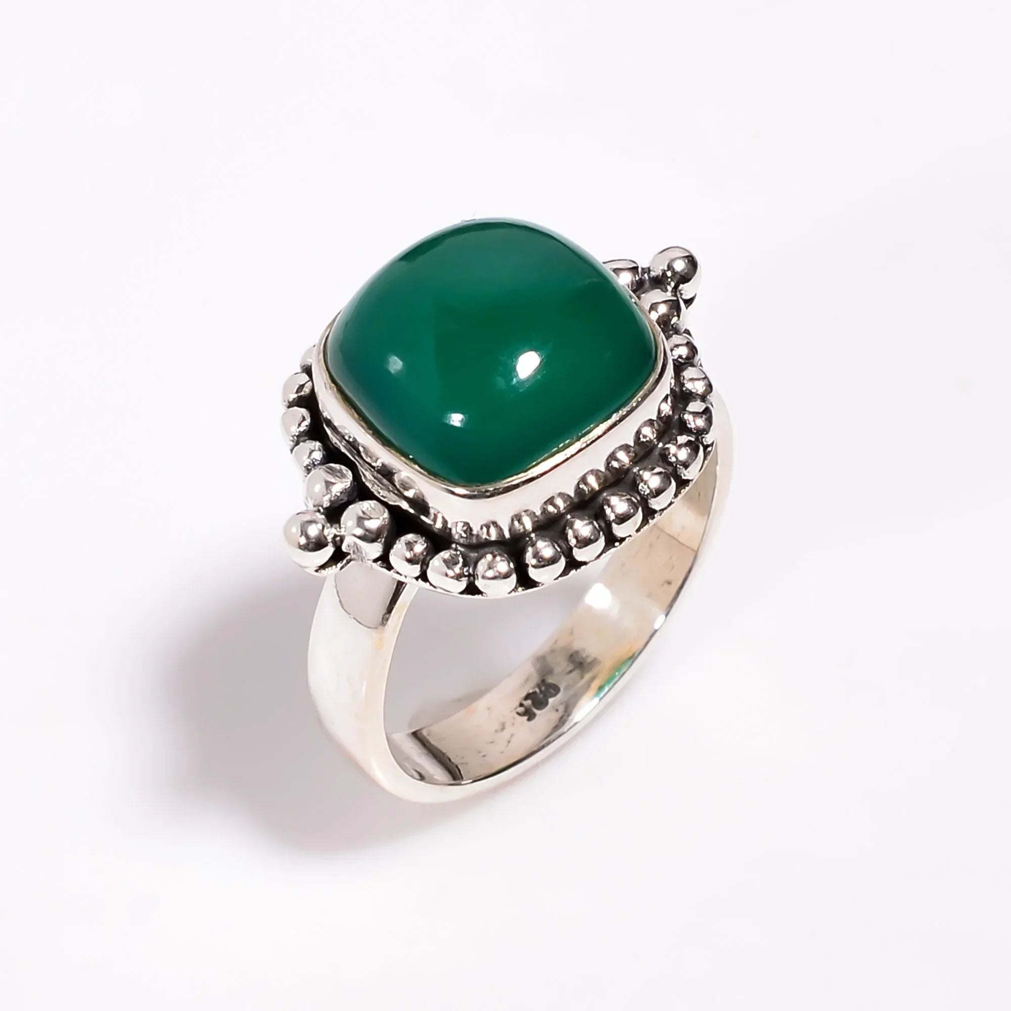 Green Onyx Ring: 925 Sterling Silver, Cushion Gemstone, Bohemian Jewelry