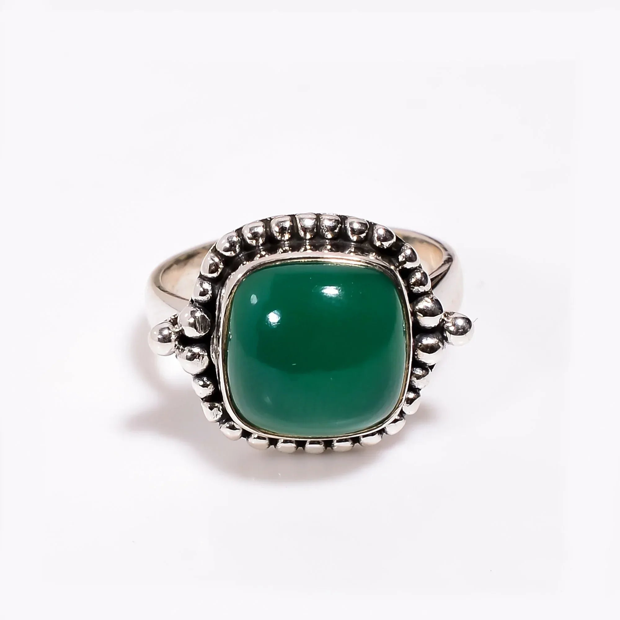 Green Onyx Ring: 925 Sterling Silver, Cushion Gemstone, Bohemian Jewelry