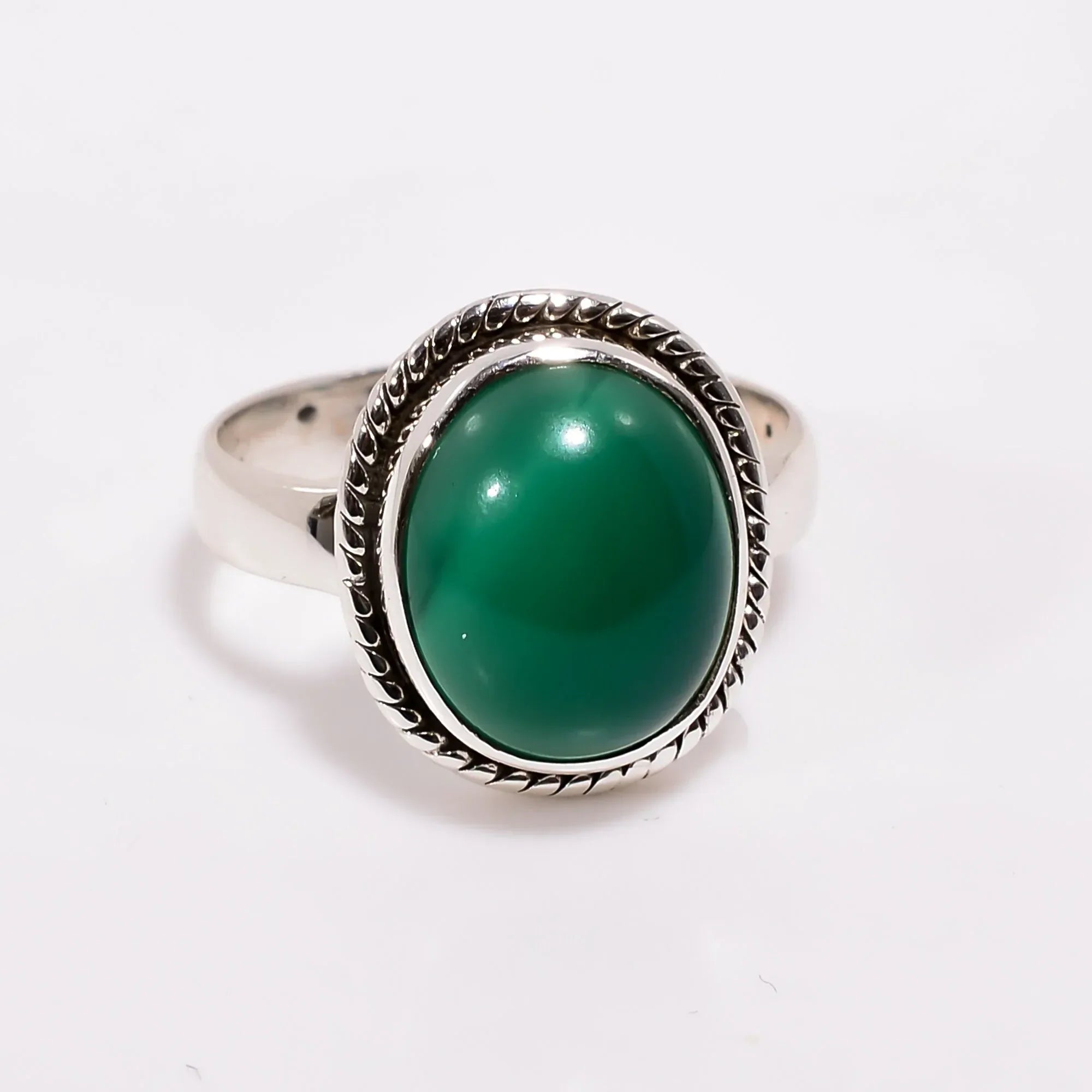 Handmade Green Onyx Ring: Oval Cabochon, 925 Sterling Silver