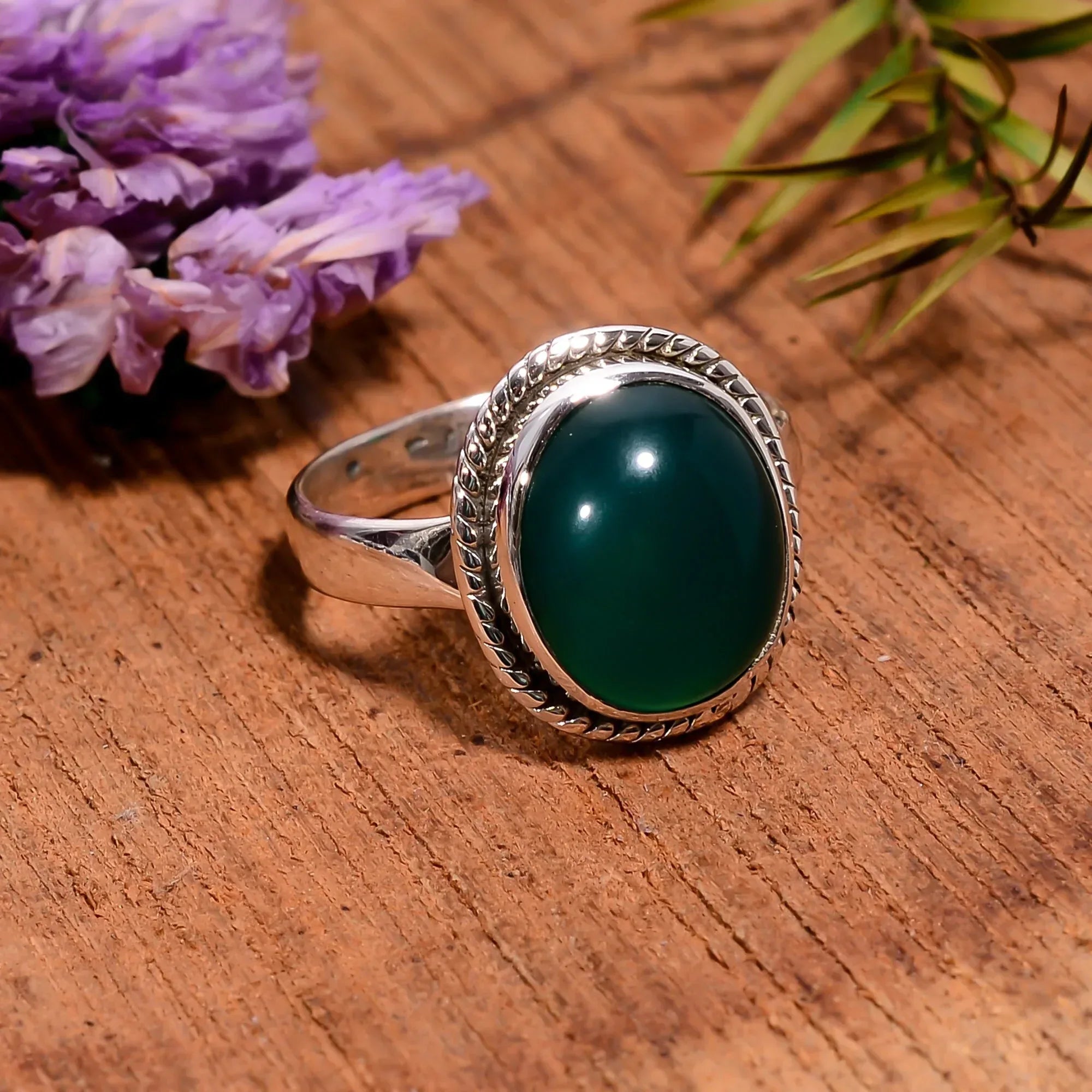 Handmade Green Onyx Ring: Oval Cabochon, 925 Sterling Silver