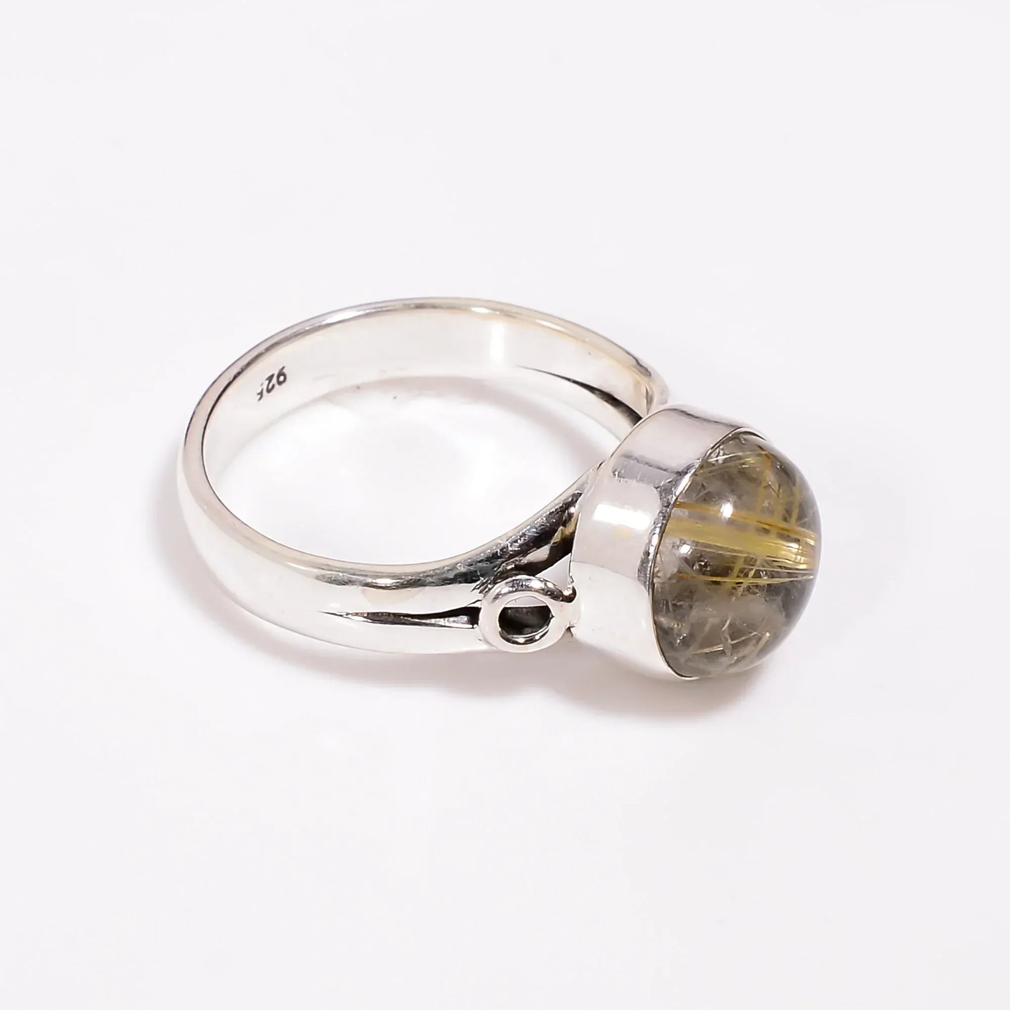 Golden Rutile Cabochon Ring: 925 Sterling Silver Handmade Band