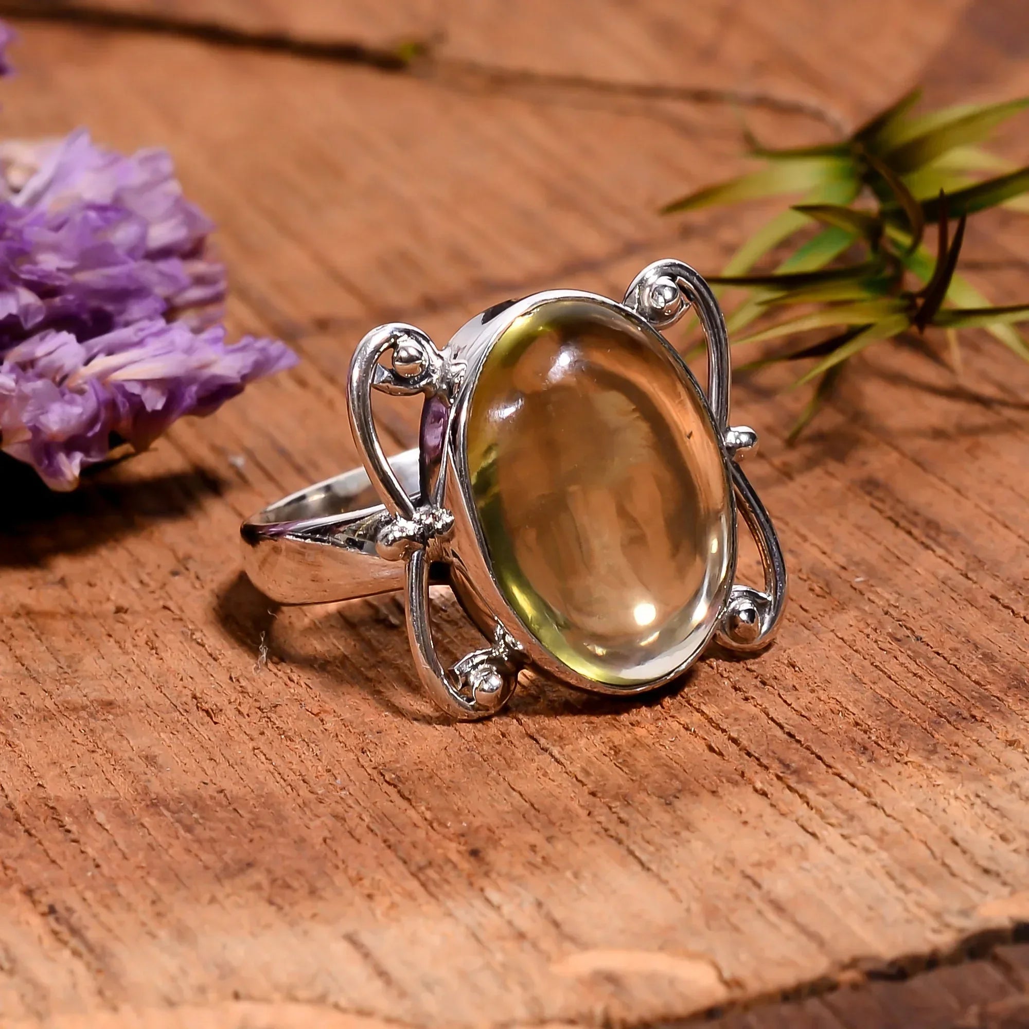 Handmade Lemon Quartz Ring: 925 Sterling Silver Boho Statement Jewelry