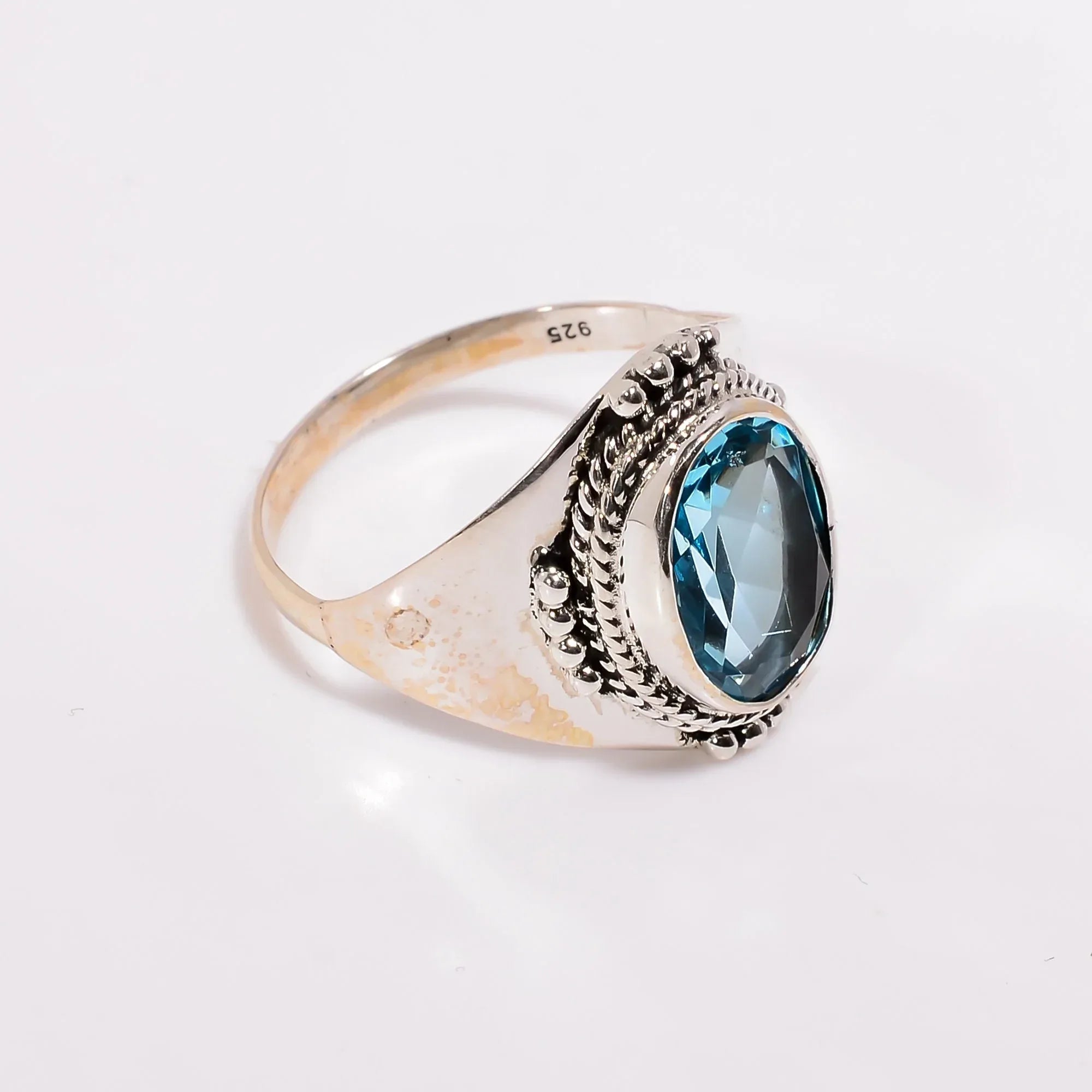 Blue Topaz 925 Sterling Silver Ring - Boho Faceted Gemstone Jewelry