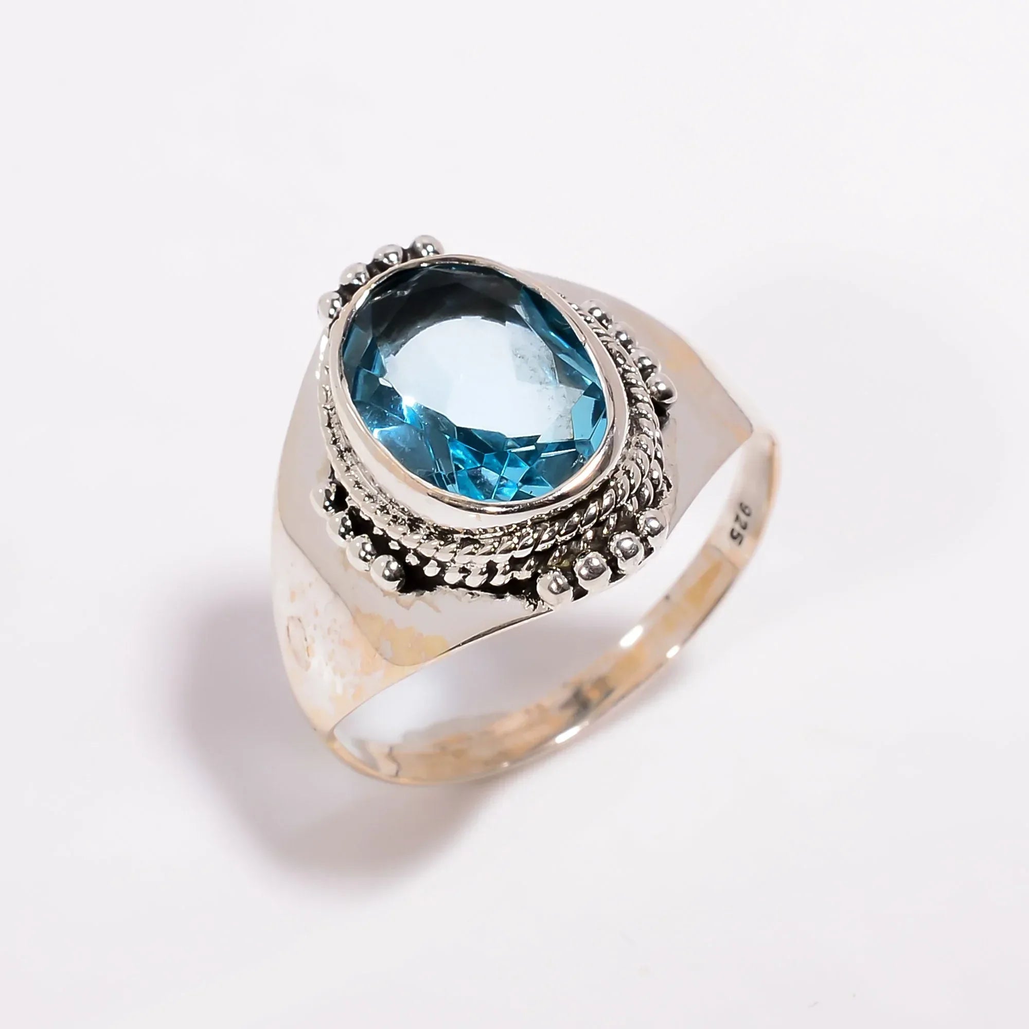 Blue Topaz 925 Sterling Silver Ring - Boho Faceted Gemstone Jewelry