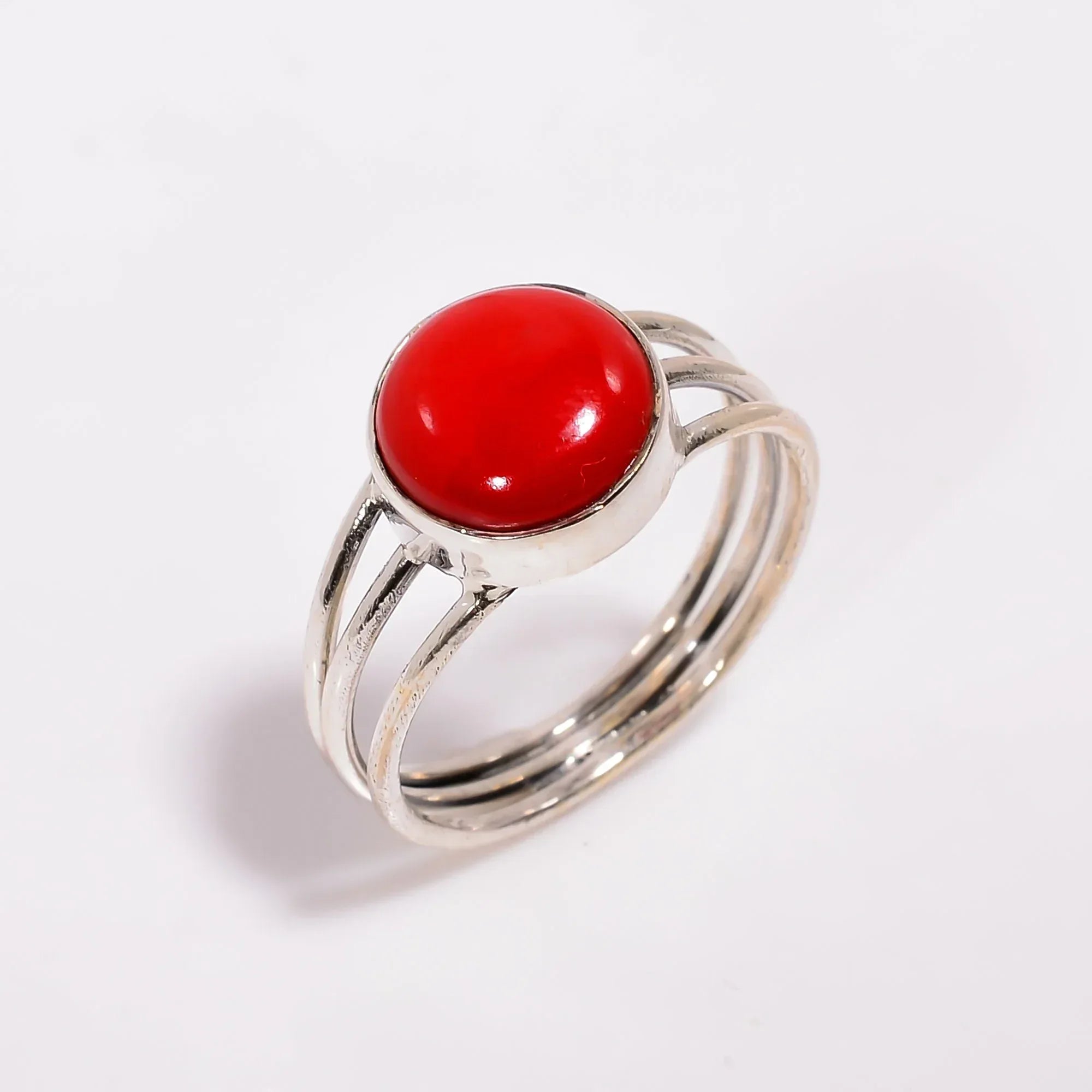 925 Sterling Silver Red Coral Ring: Minimalist Stacking Jewelry