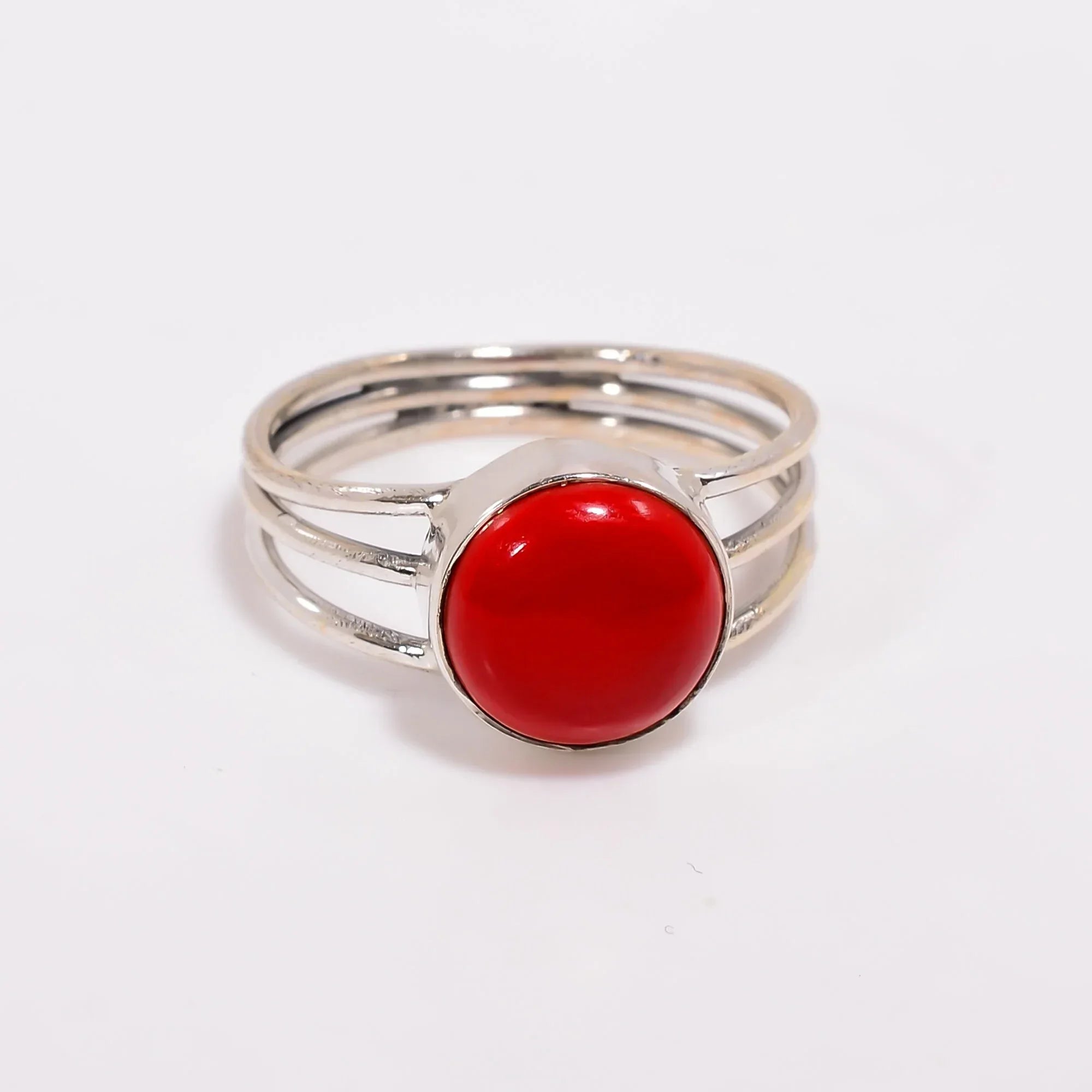 925 Sterling Silver Red Coral Ring: Minimalist Stacking Jewelry