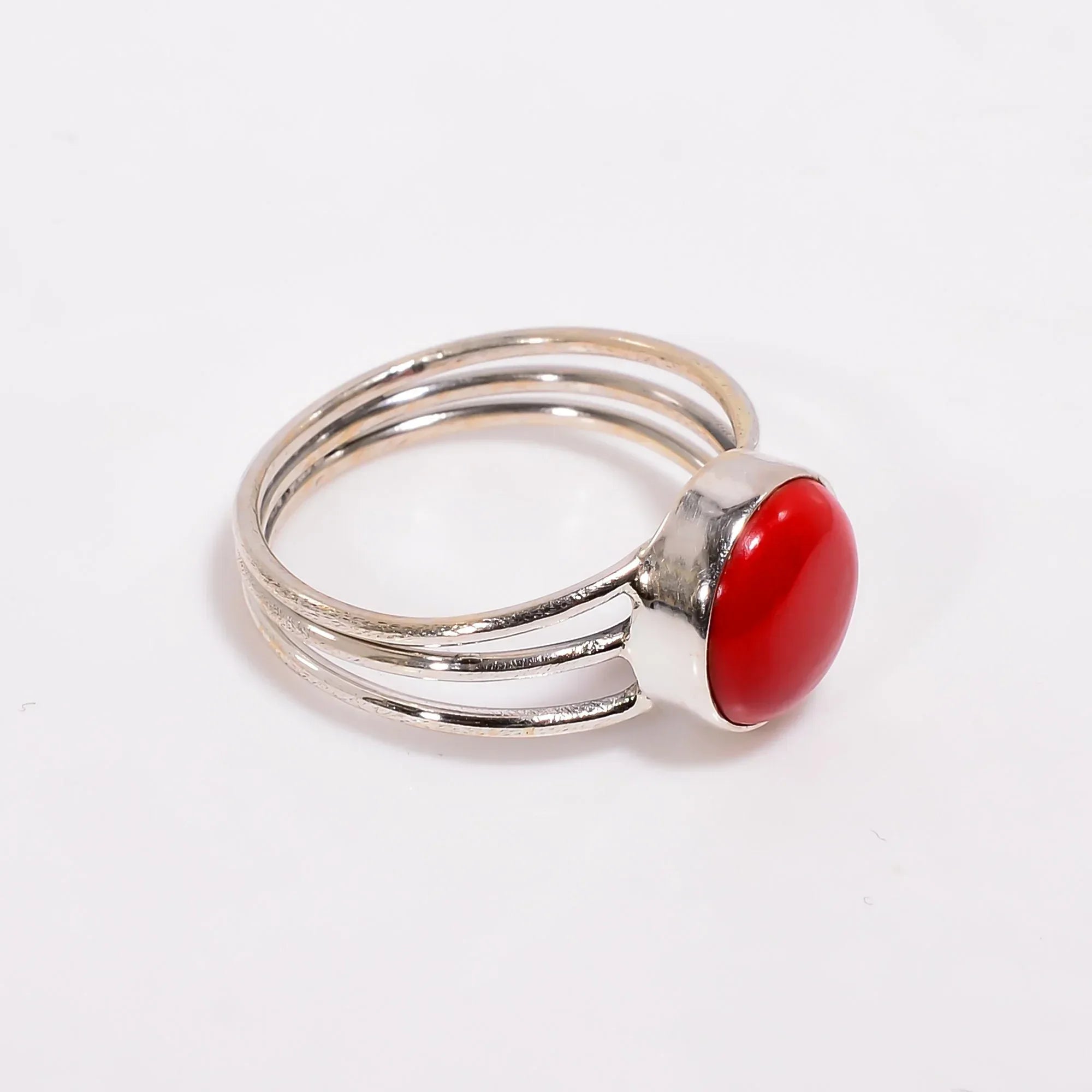 925 Sterling Silver Red Coral Ring: Minimalist Stacking Jewelry