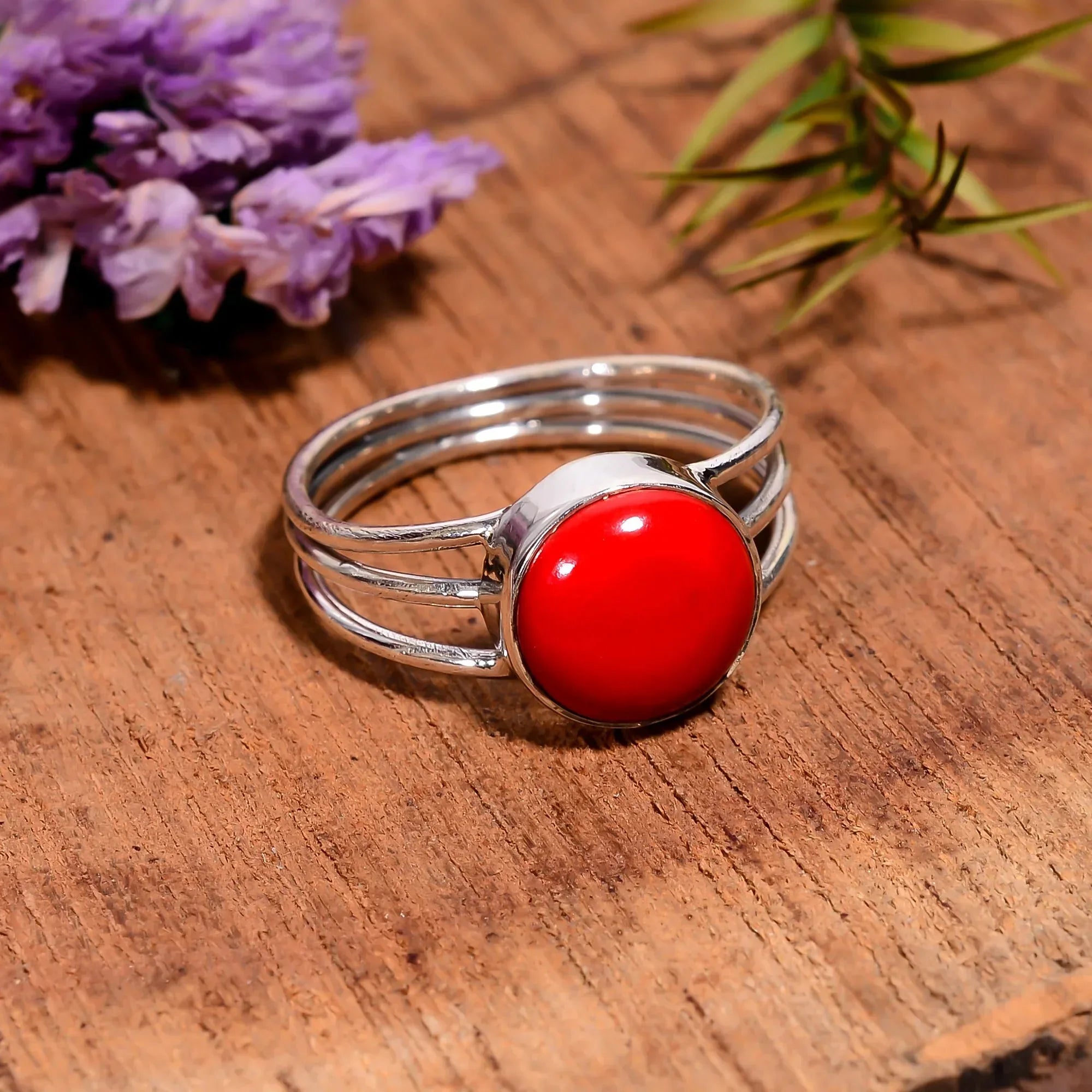 925 Sterling Silver Red Coral Ring: Minimalist Stacking Jewelry