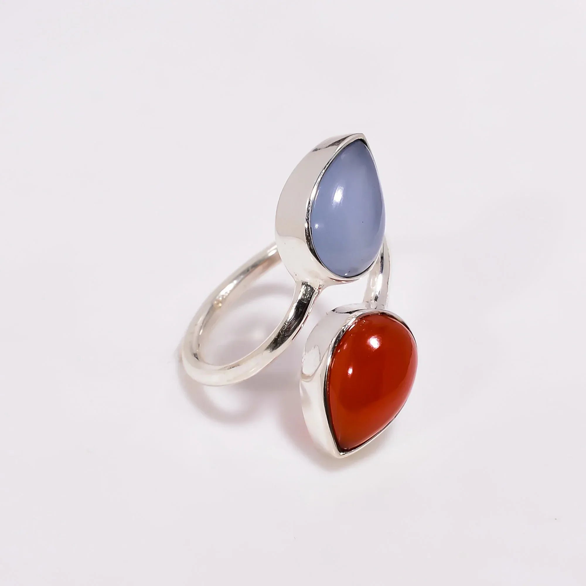 Blue Chalcedony & Red Onyx Sterling Silver Ring - Adjustable