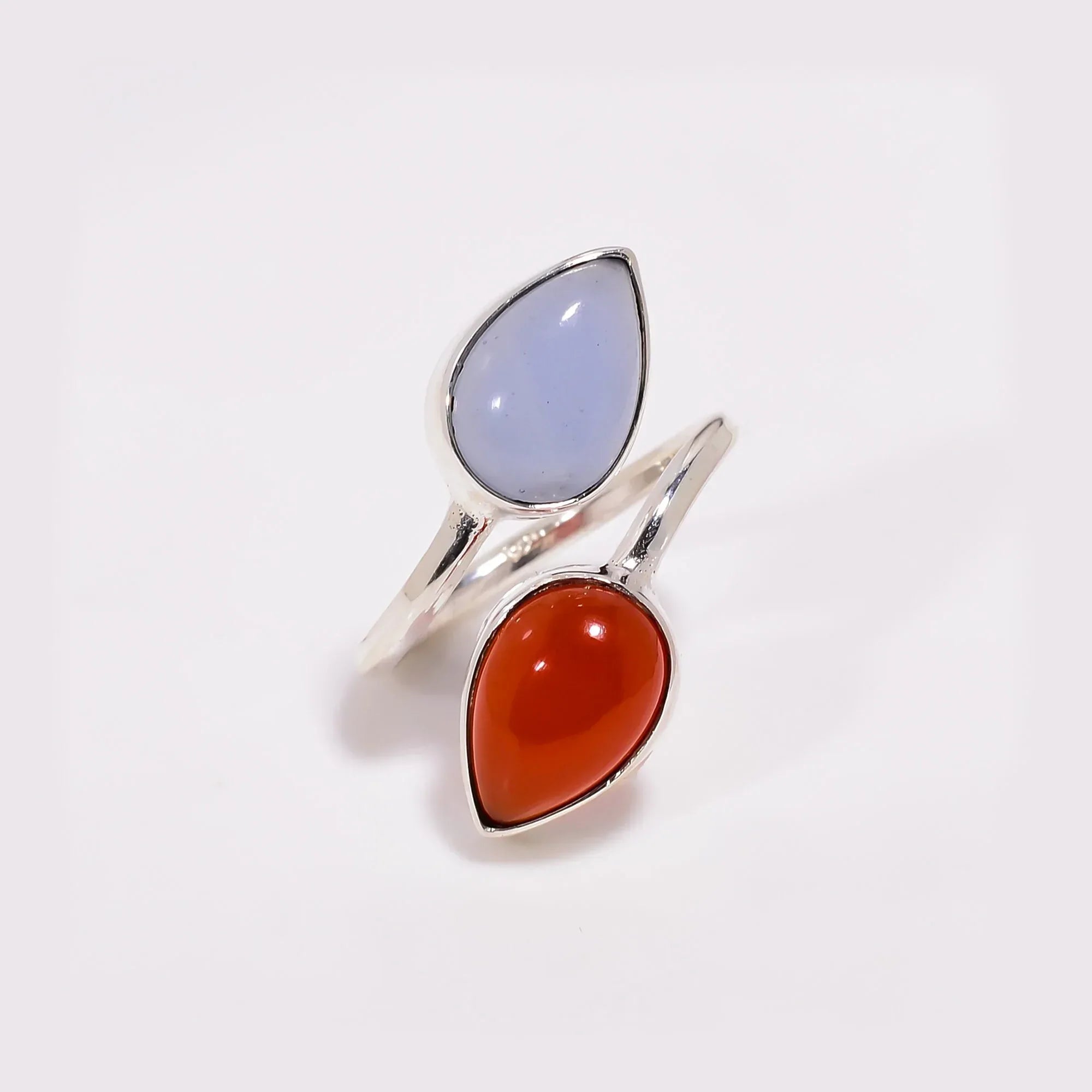 Blue Chalcedony & Red Onyx Sterling Silver Ring - Adjustable