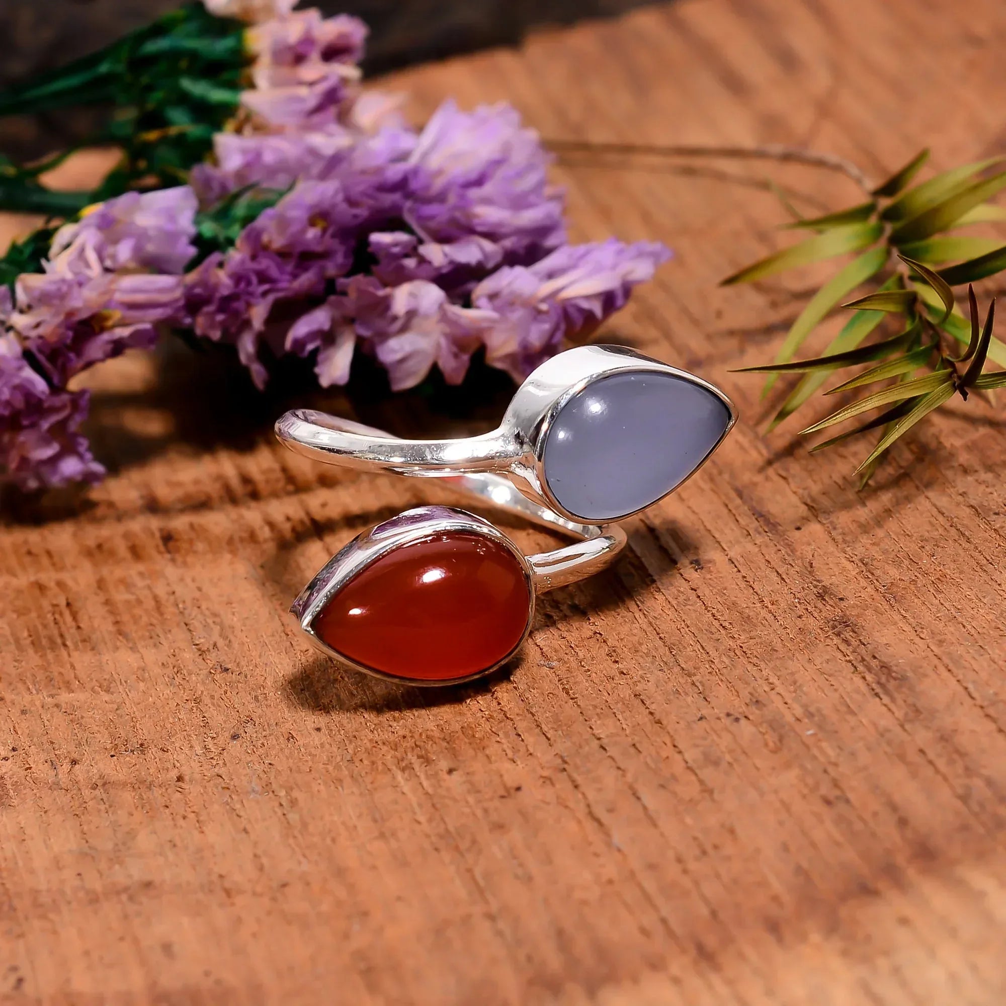 Blue Chalcedony & Red Onyx Sterling Silver Ring - Adjustable