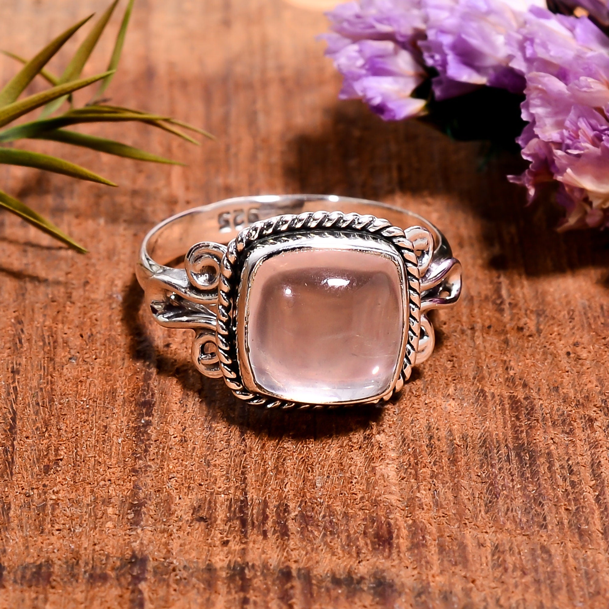 Rose Quartz Ring: 925 Sterling Silver, Cushion Cabochon Stone