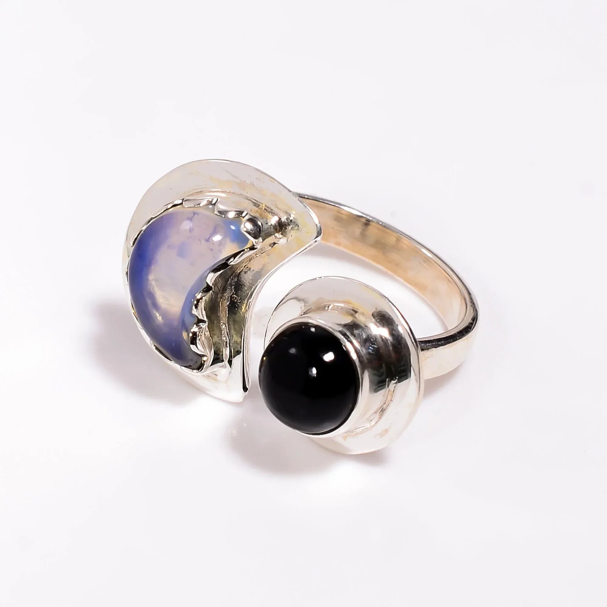 Black Onyx & Opalite 925 Sterling Silver Statement Ring