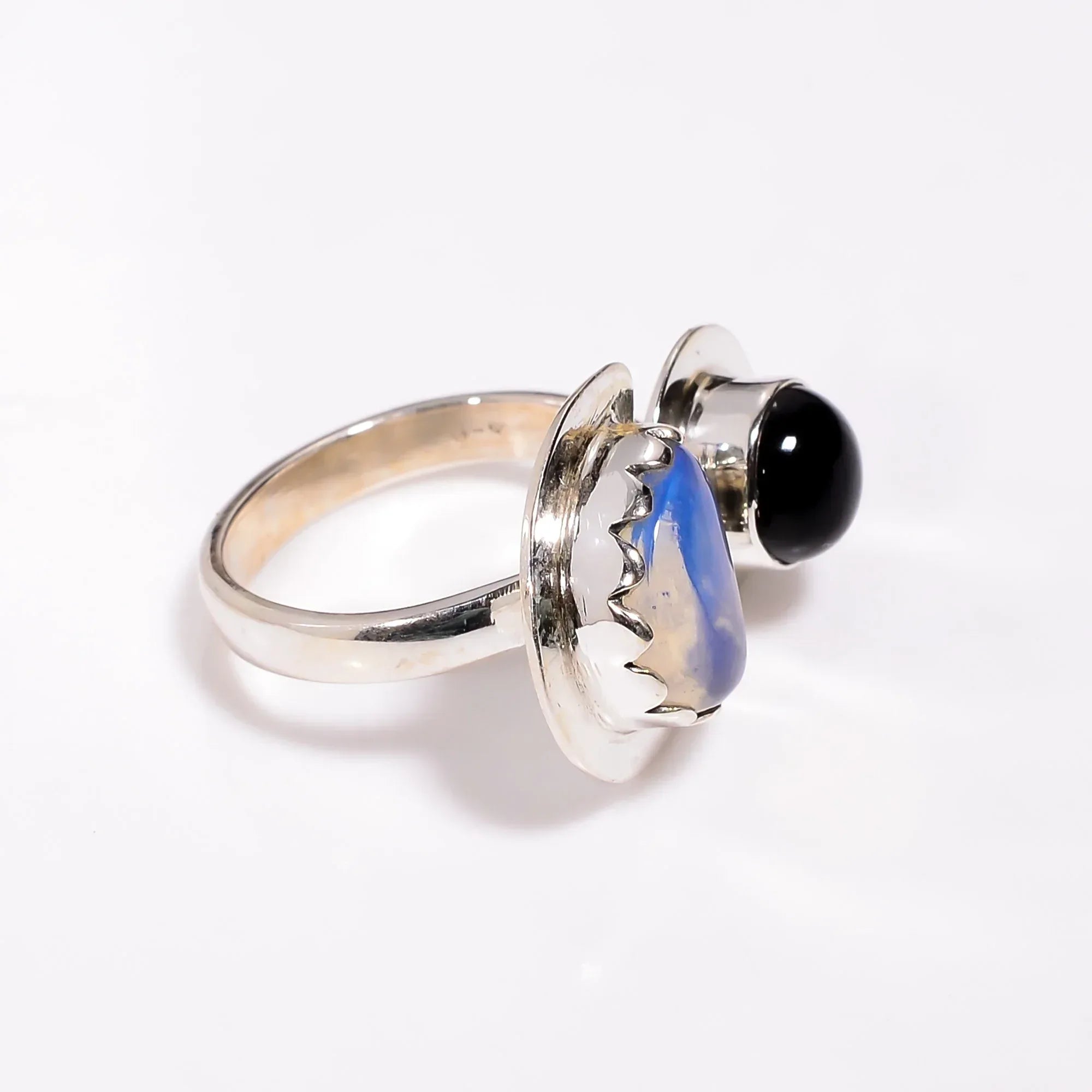 Black Onyx & Opalite 925 Sterling Silver Statement Ring