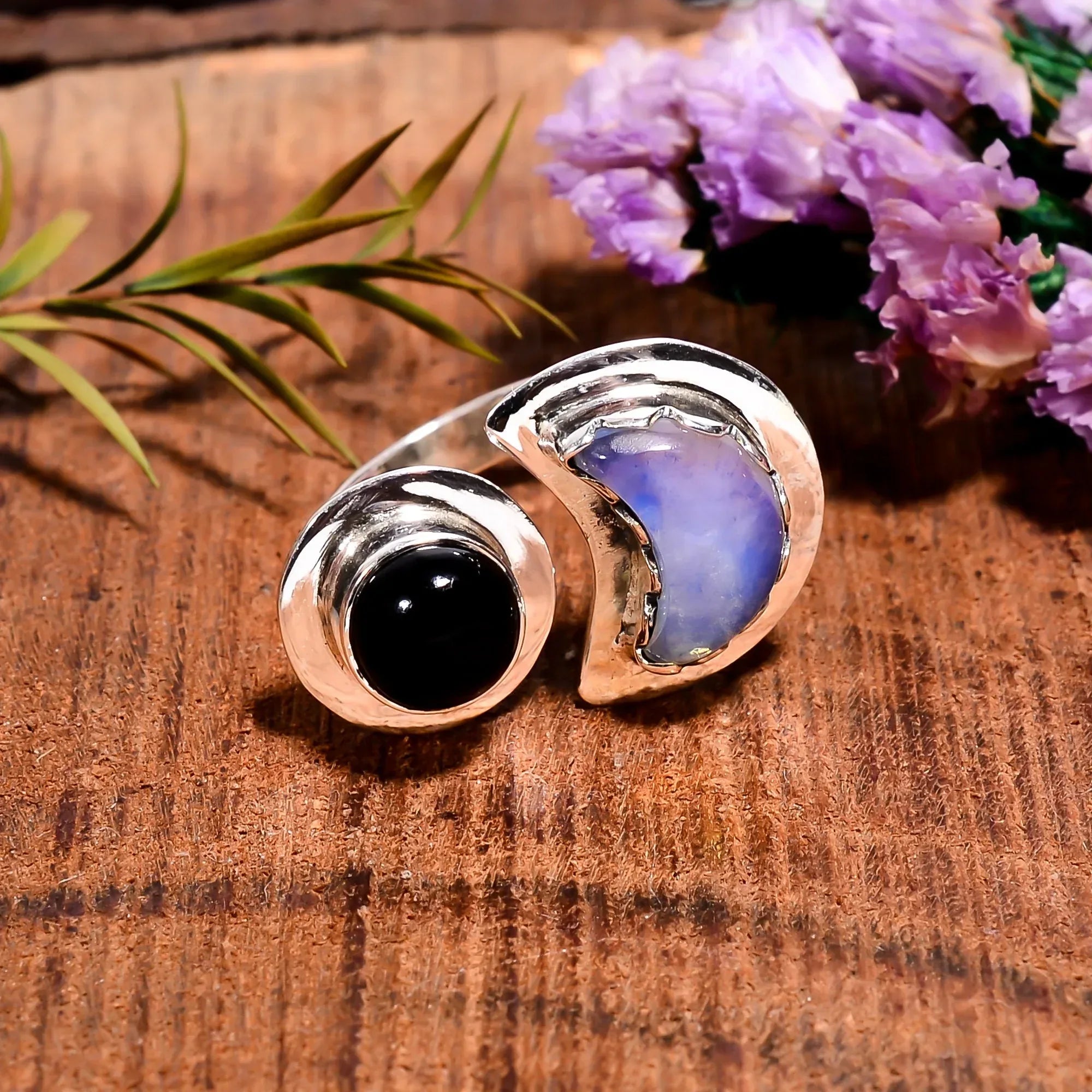 Black Onyx & Opalite 925 Sterling Silver Statement Ring
