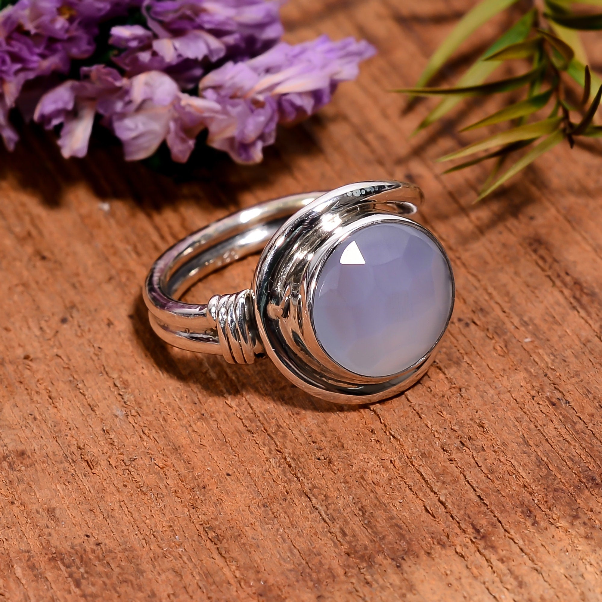 Natural Blue Chalcedony Ring: 925 Sterling Silver Gemstone Ring