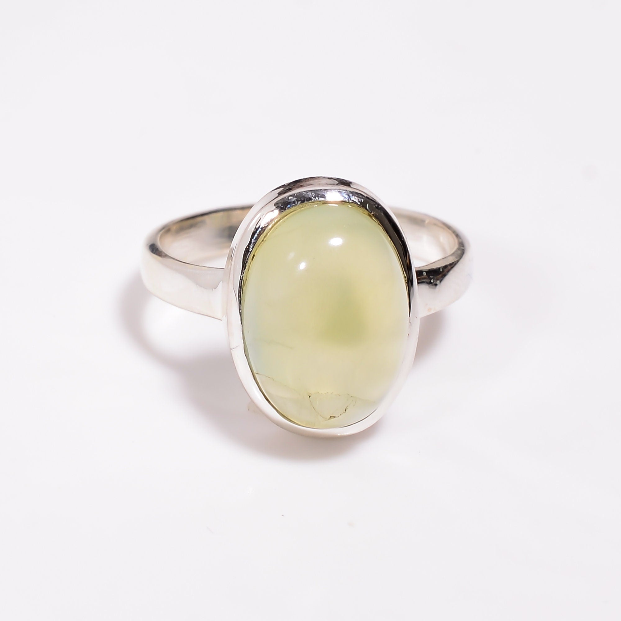 Prehnite Stone Ring: Oval Cabochon, 925 Sterling Silver