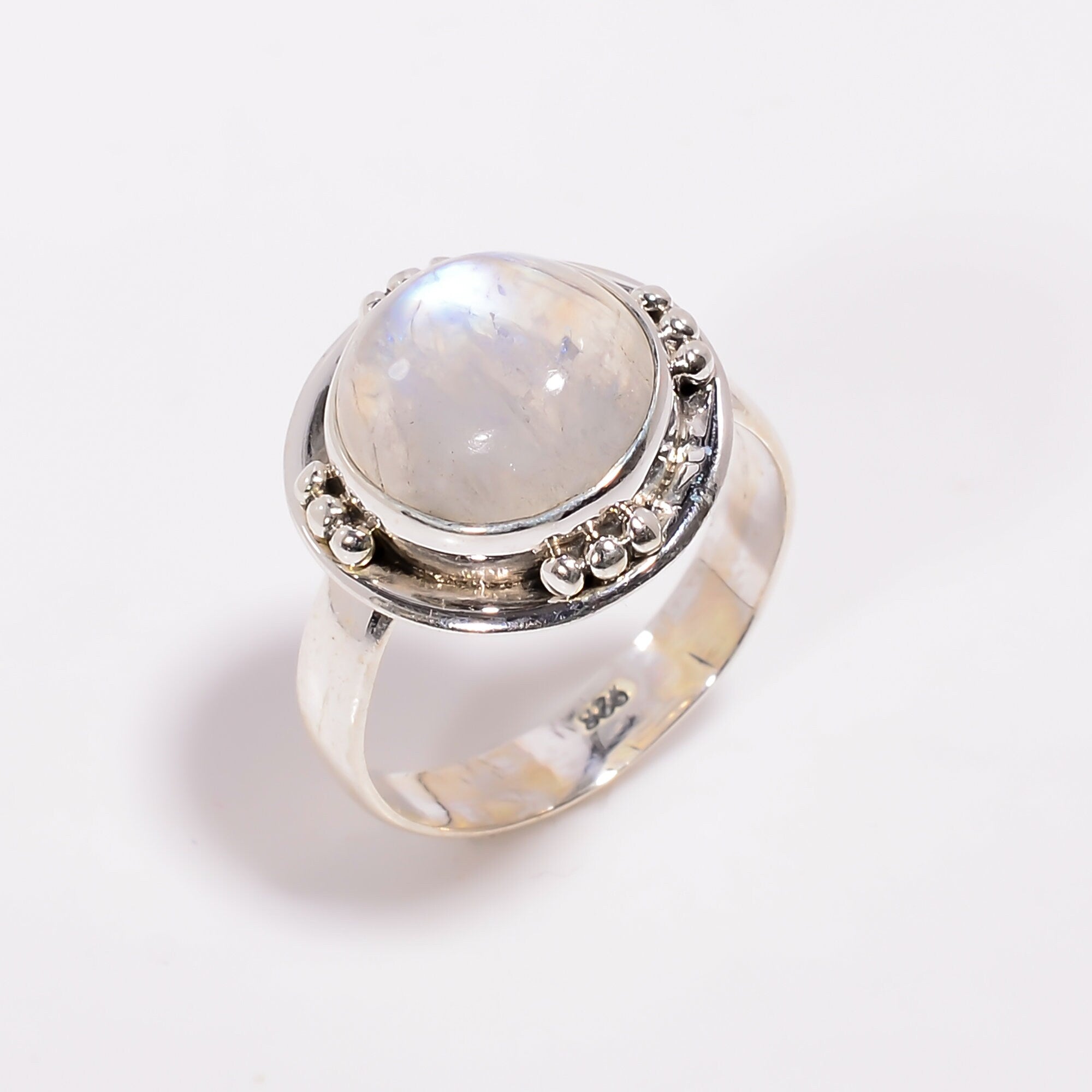 Natural Rainbow Moonstone Ring: 925 Sterling Silver Boho Jewelry
