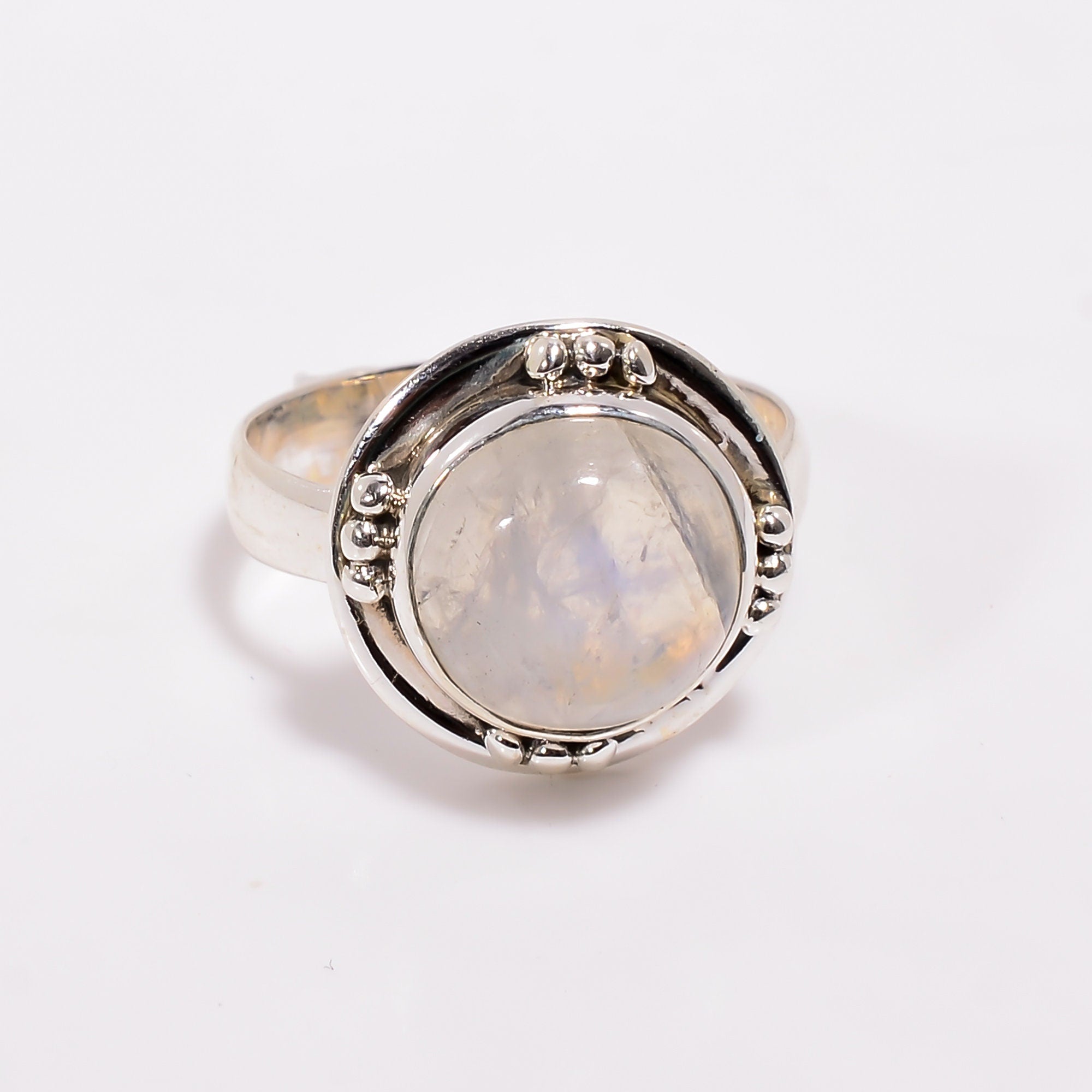 Natural Rainbow Moonstone Ring: 925 Sterling Silver Boho Jewelry