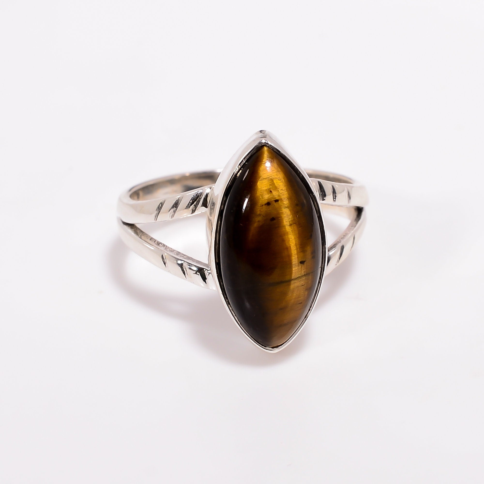 Tiger Eye Ring: Marquise Cabochon 925 Sterling Silver, Handmade