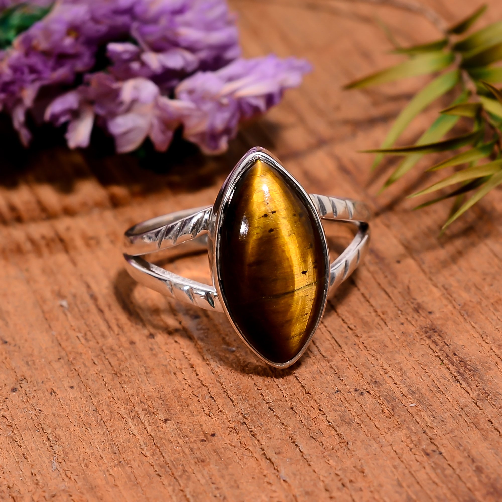 Tiger Eye Ring: Marquise Cabochon 925 Sterling Silver, Handmade