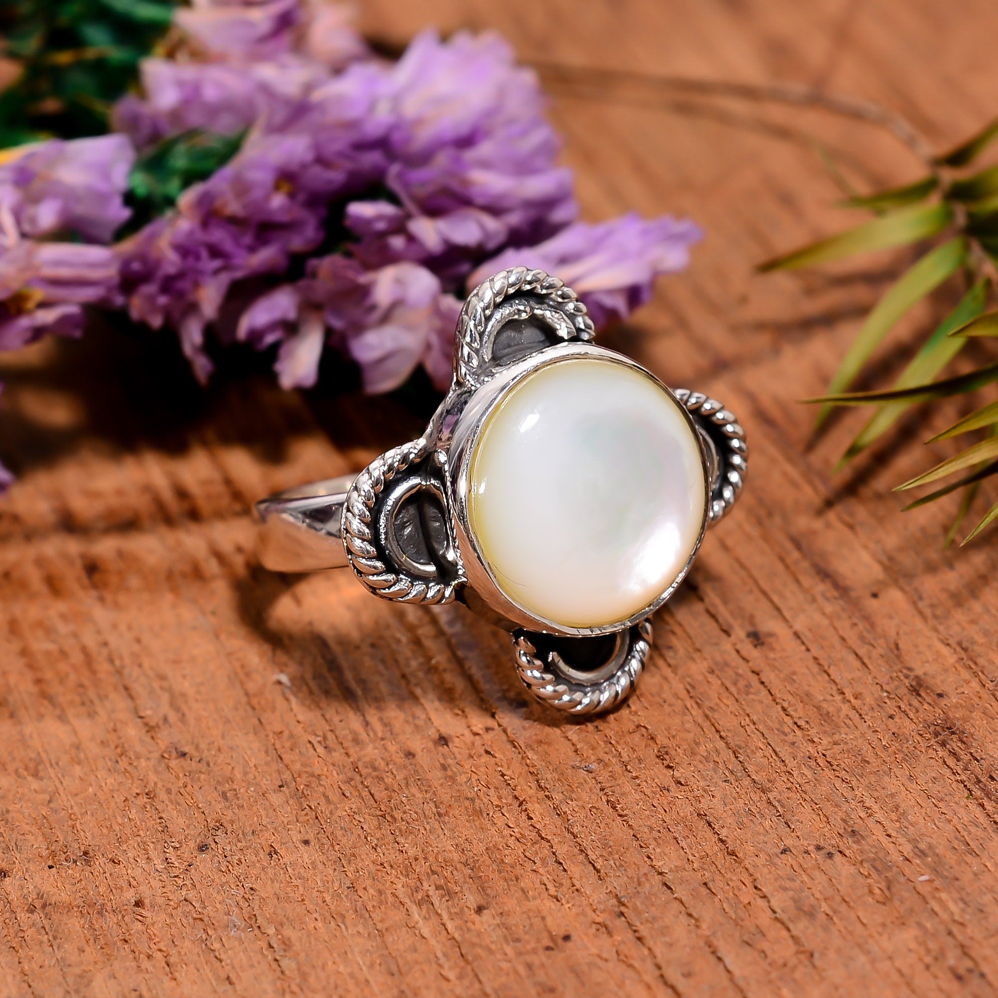 Natural Pearl Sterling Silver Ring: Round Cabochon, Handmade Jewelry