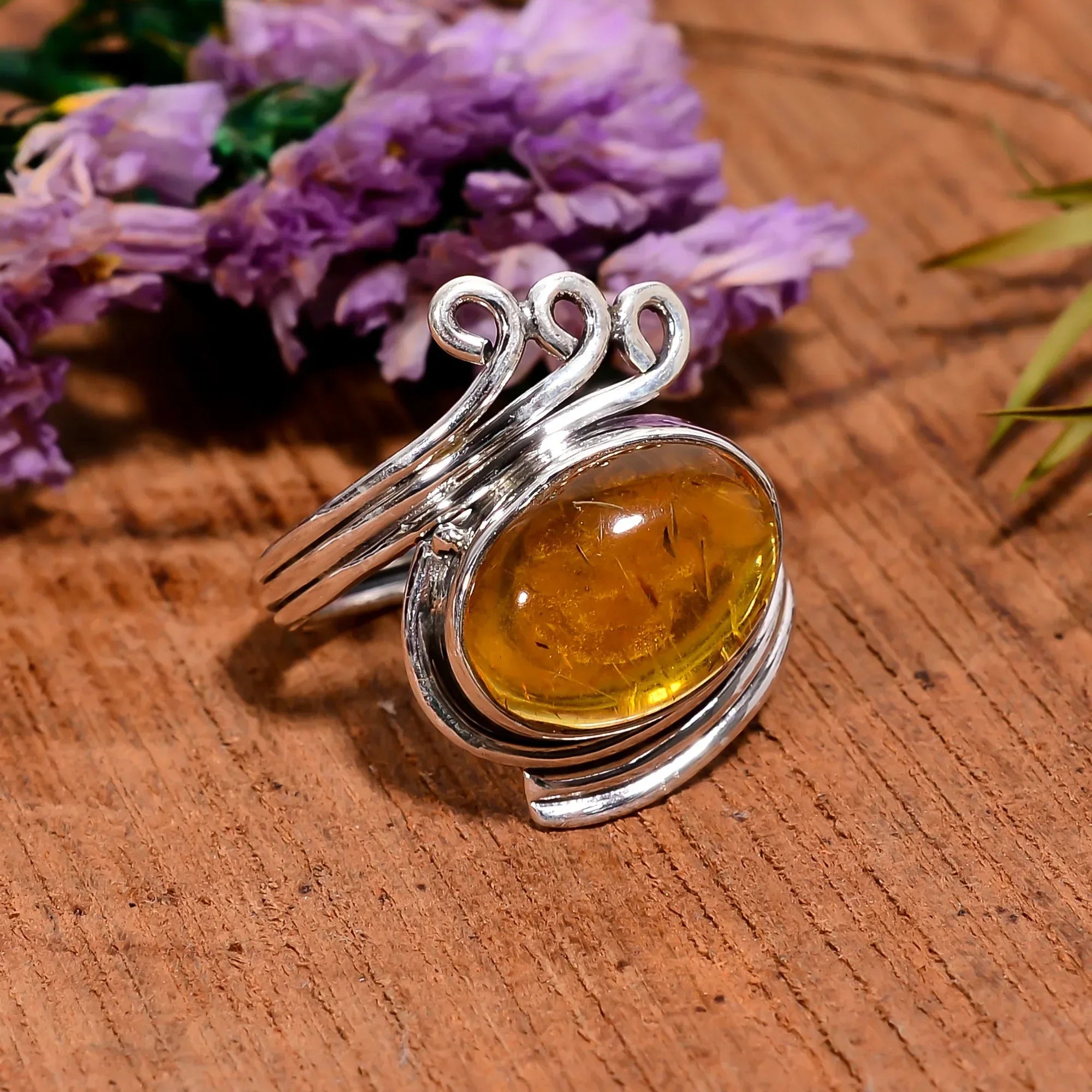 Handmade Baltic Amber Ring: Oval Cabochon 925 Sterling Silver