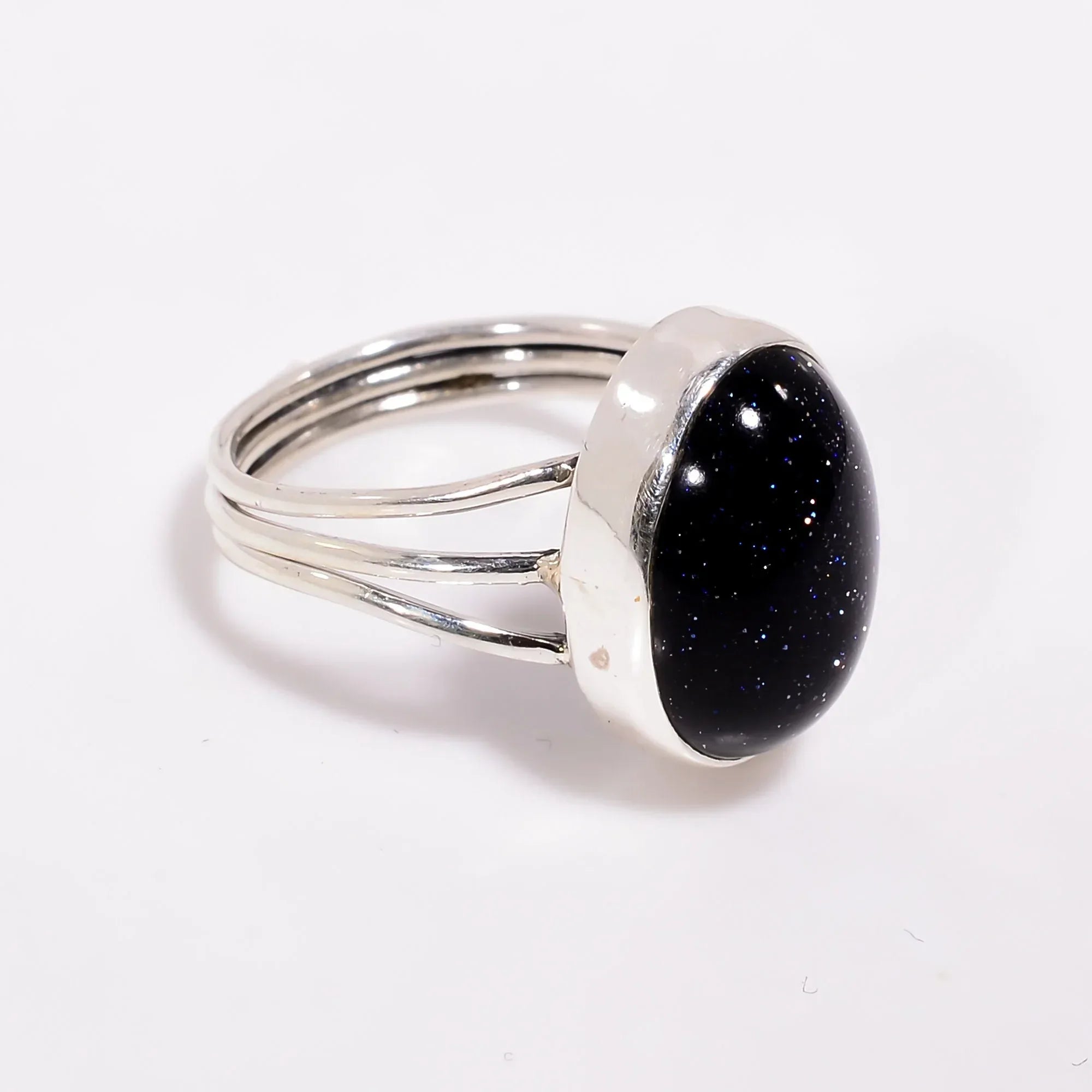 Blue Sunstone Ring: Oval Cabochon, 925 Sterling Silver
