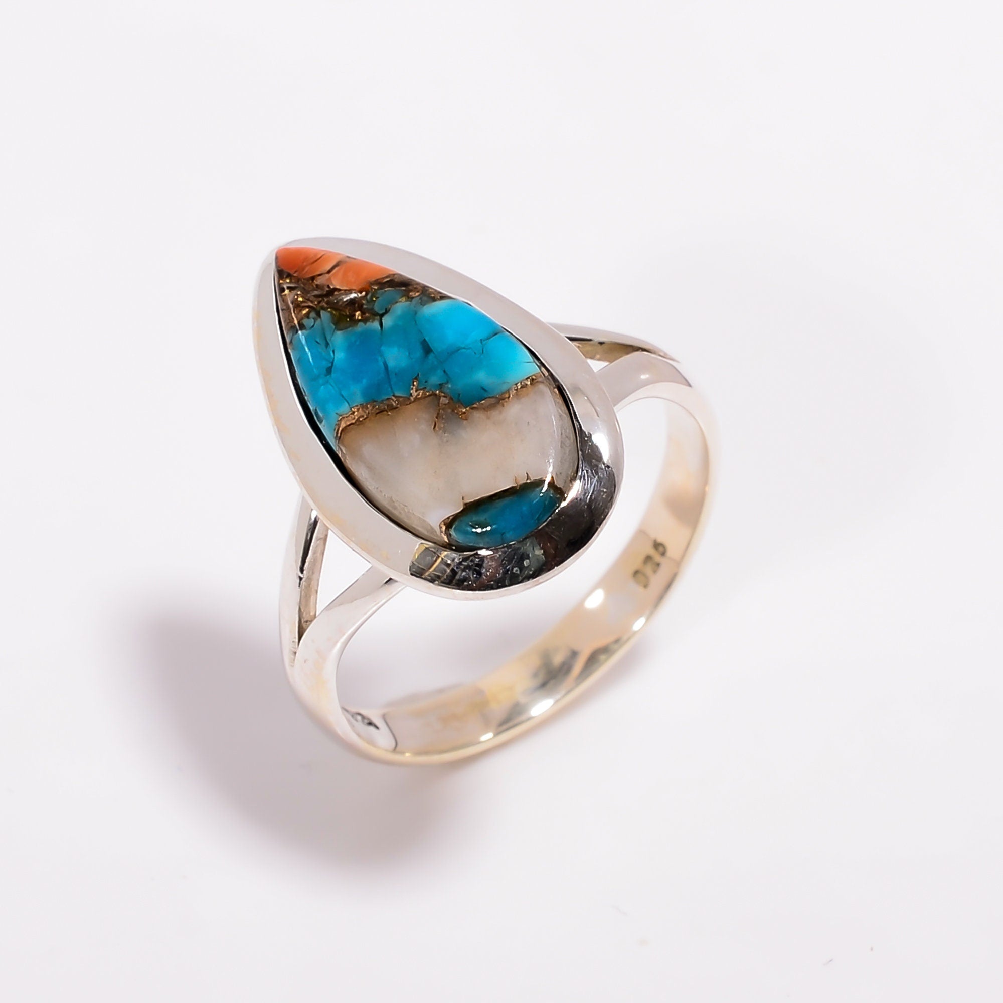 Sterling Silver Oyster Copper Turquoise Ring: Pear Cabochon Gemstone