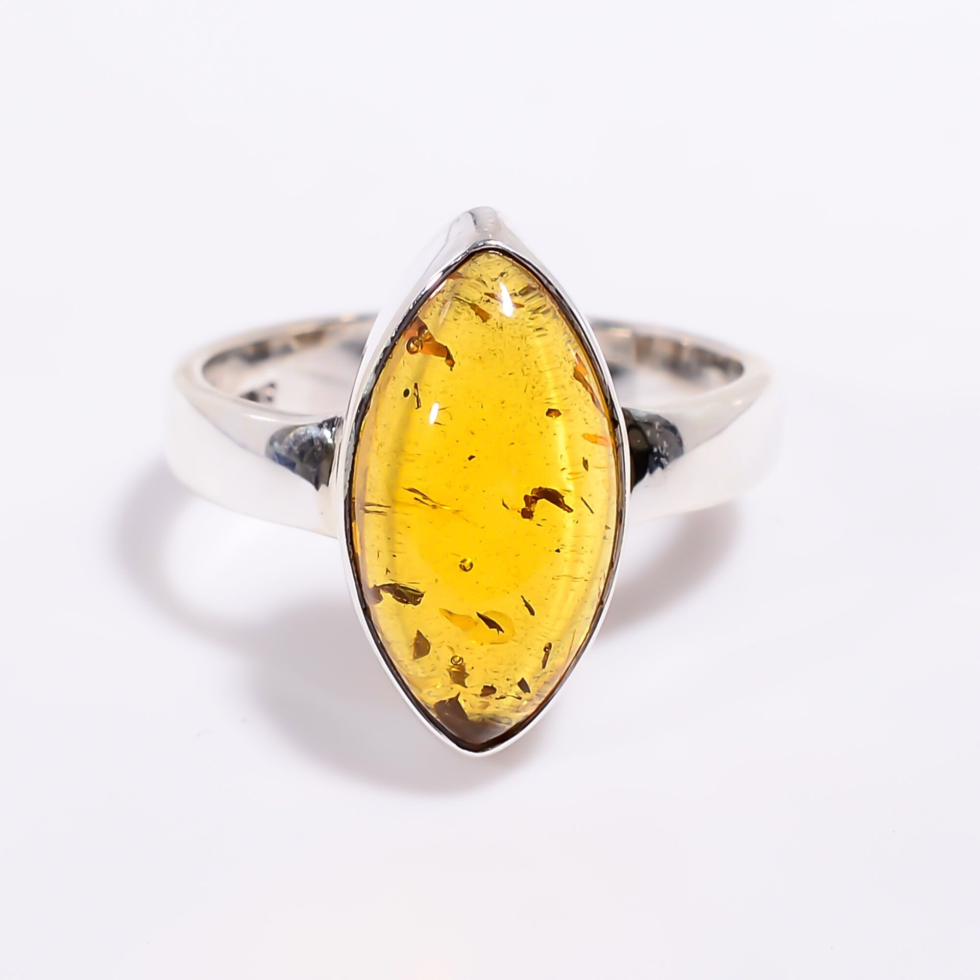Natural Honey Baltic Amber Ring: 925 Sterling Silver Marquise Gemstone