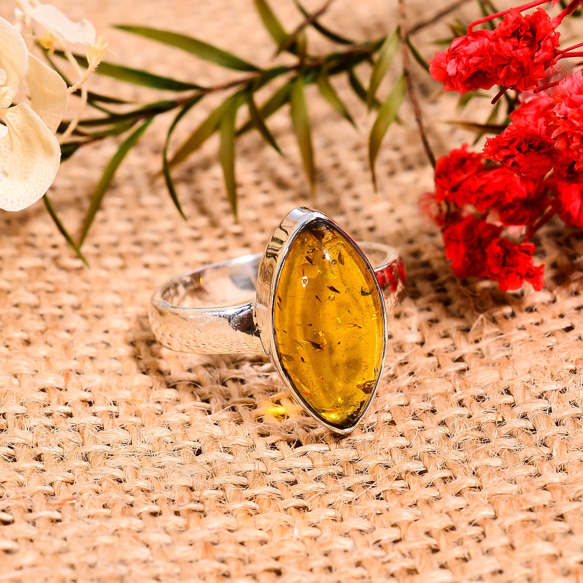 Natural Honey Baltic Amber Ring: 925 Sterling Silver Marquise Gemstone