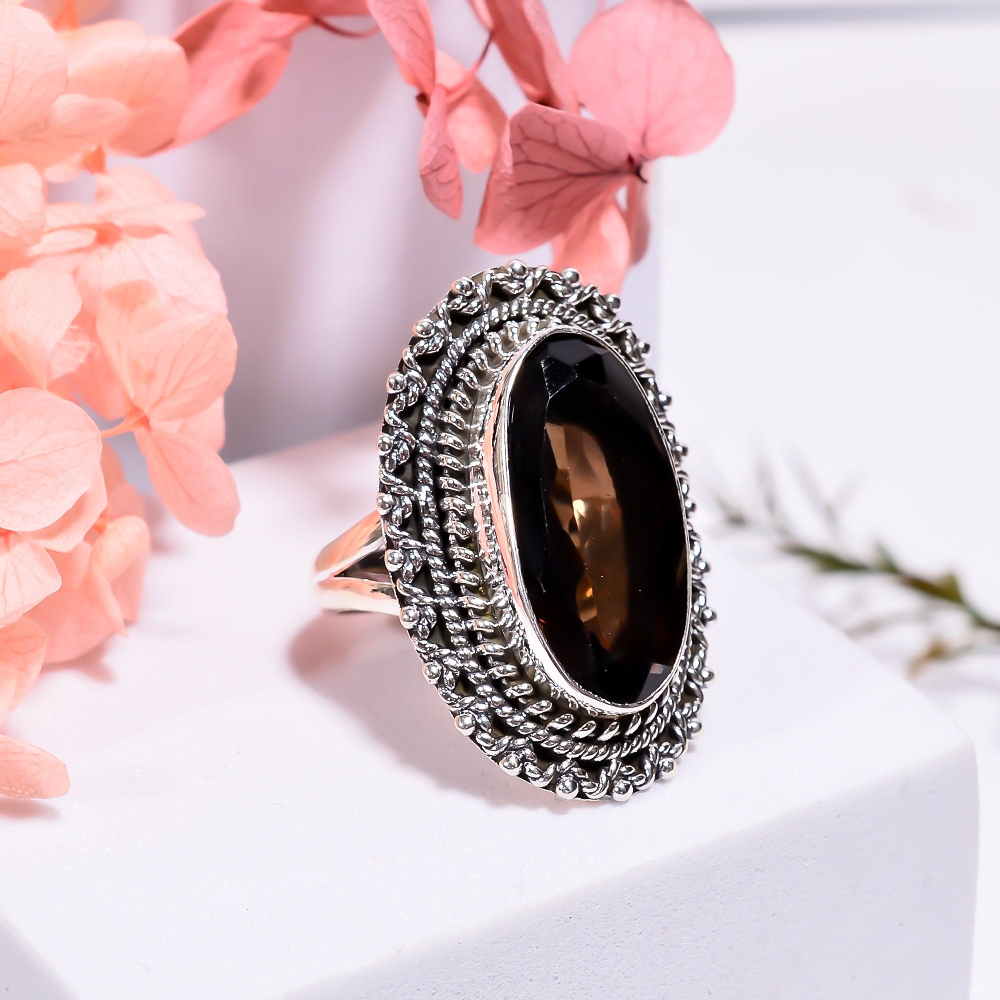 Smoky Quartz Sterling Silver Ring: Oval Gemstone Statement Ring