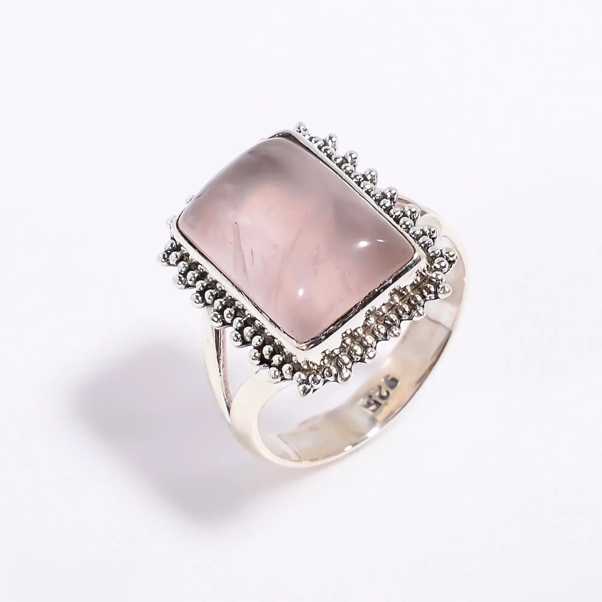 Cabochon Rose Quartz 925 Sterling Silver Ring: Boho Statement Jewelry