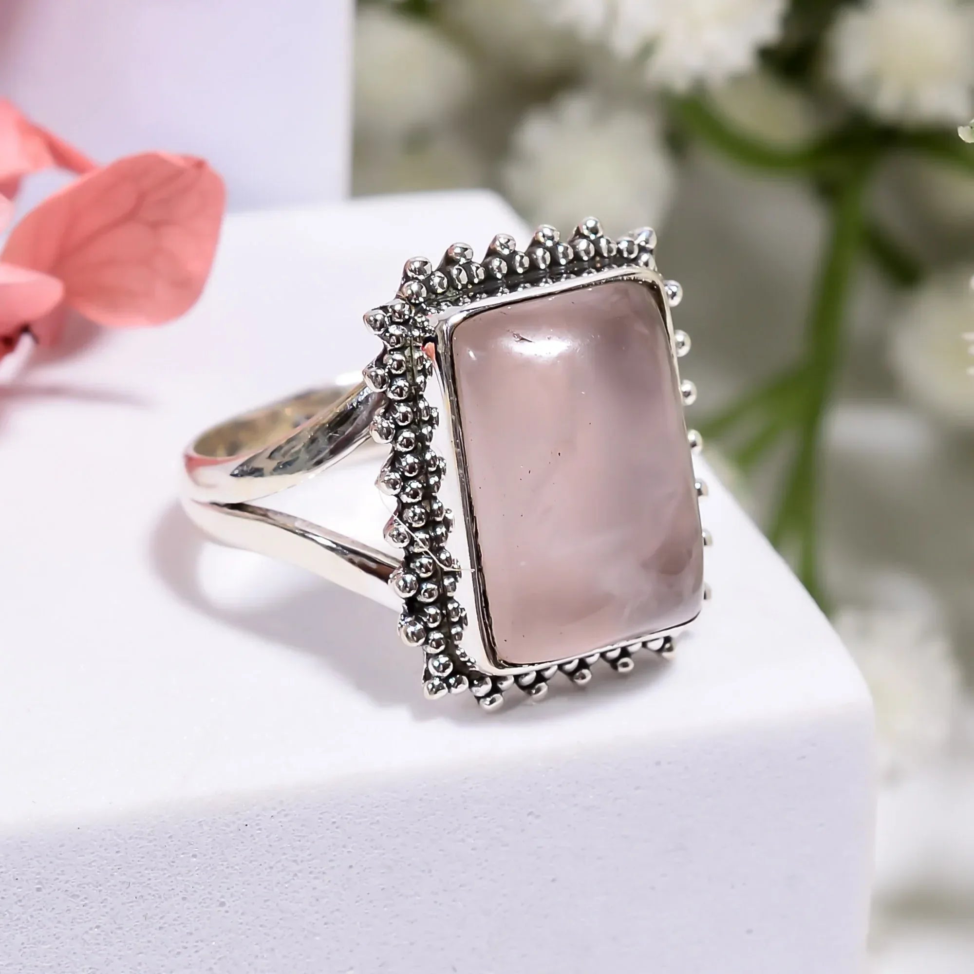 Cabochon Rose Quartz 925 Sterling Silver Ring: Boho Statement Jewelry