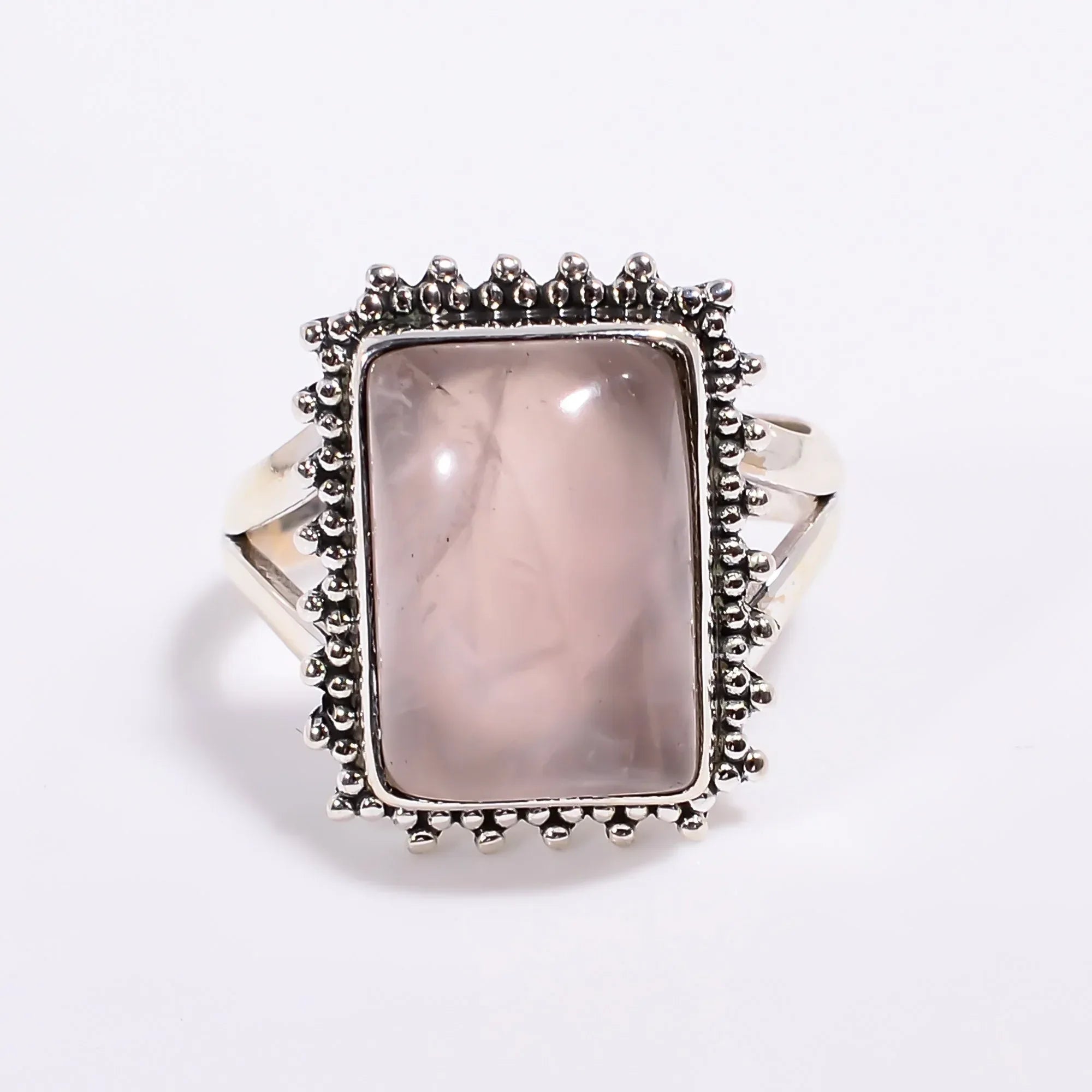 Cabochon Rose Quartz 925 Sterling Silver Ring: Boho Statement Jewelry