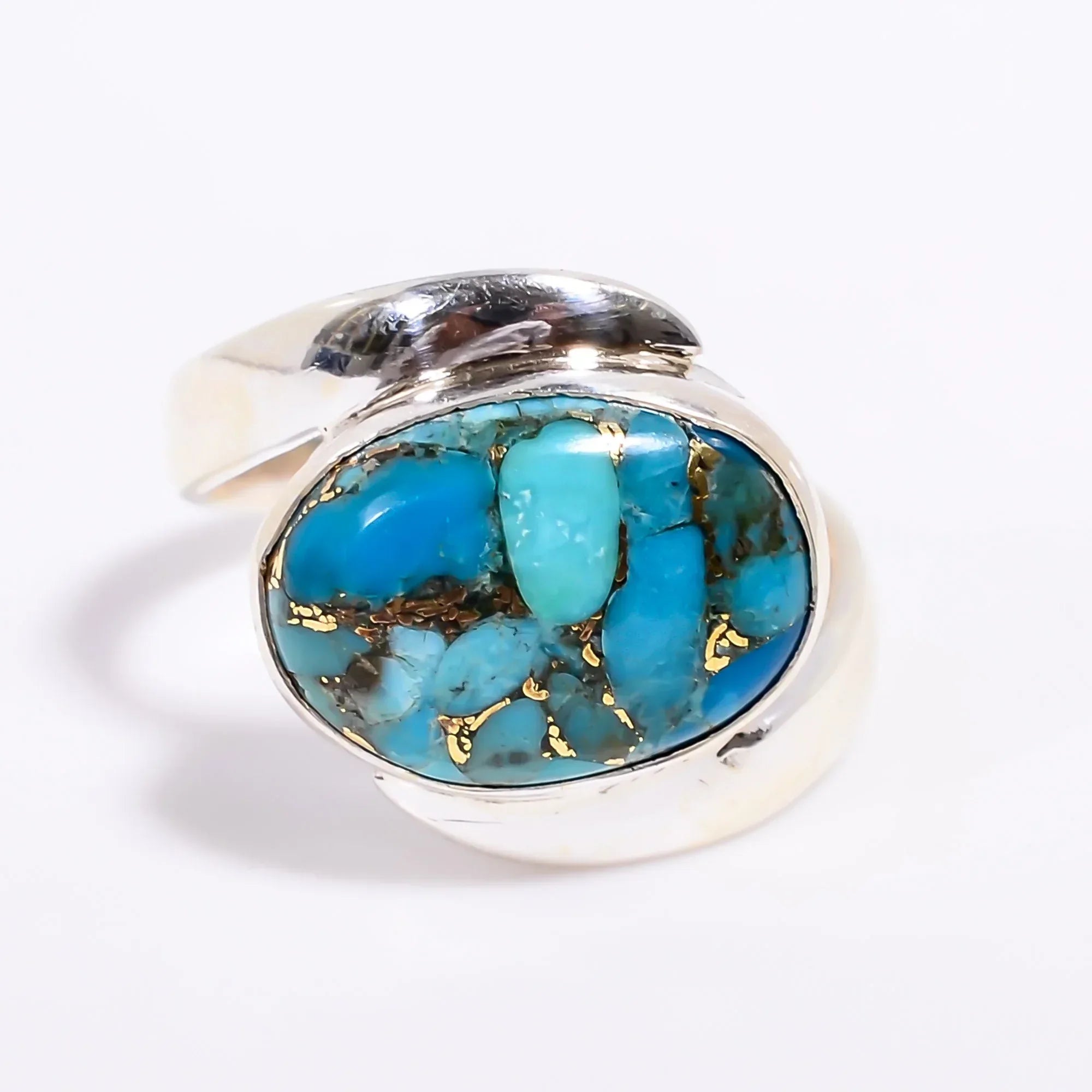 Blue Copper Turquoise Ring: Oval Sterling Silver Statement Jewelry