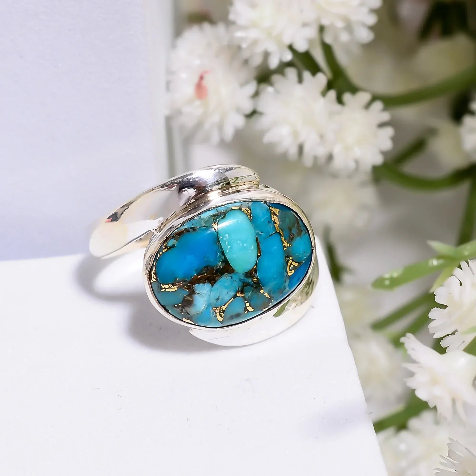 Blue Copper Turquoise Ring: Oval Sterling Silver Statement Jewelry