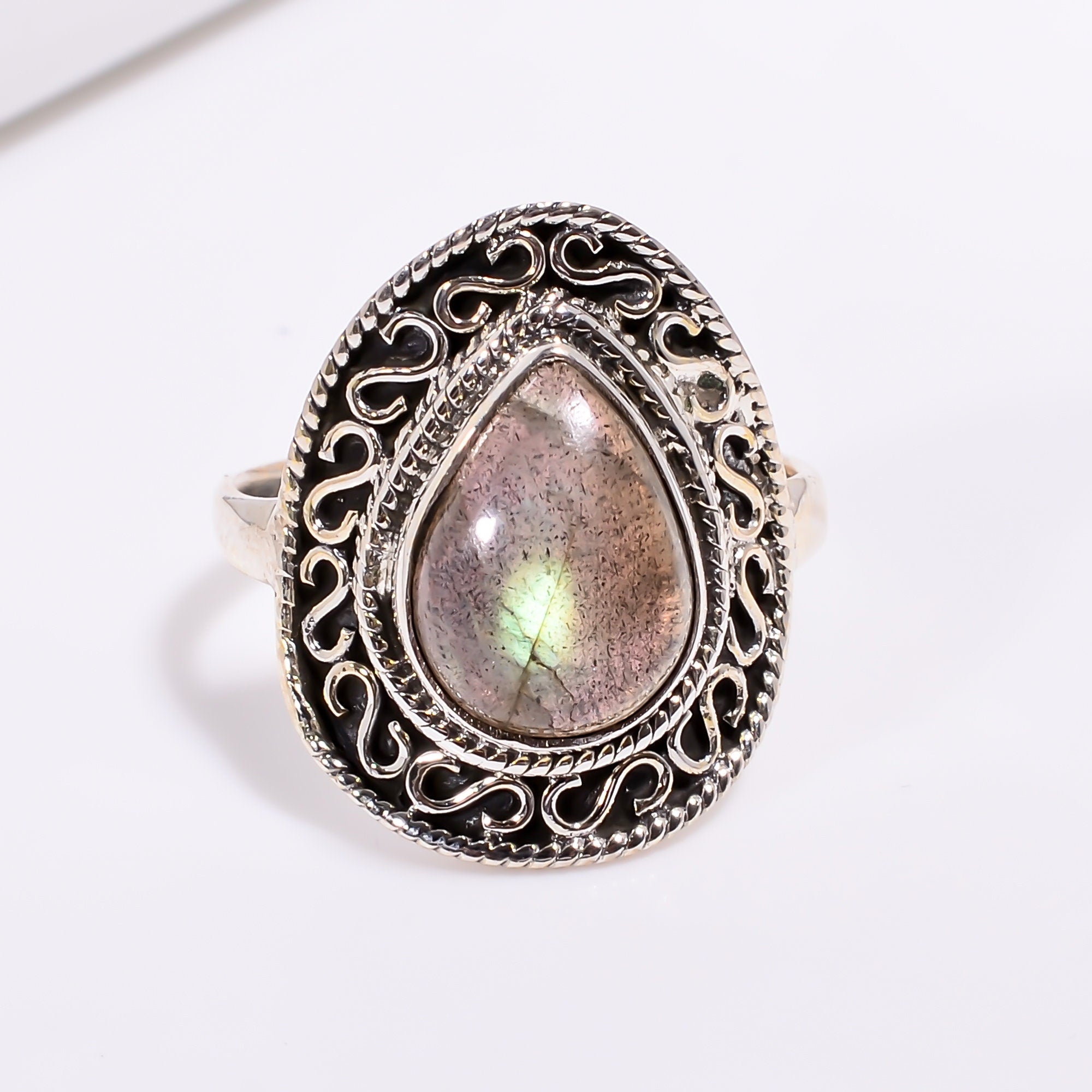 Pear Labradorite Ring: 925 Sterling Silver Handmade Gemstone Jewelry