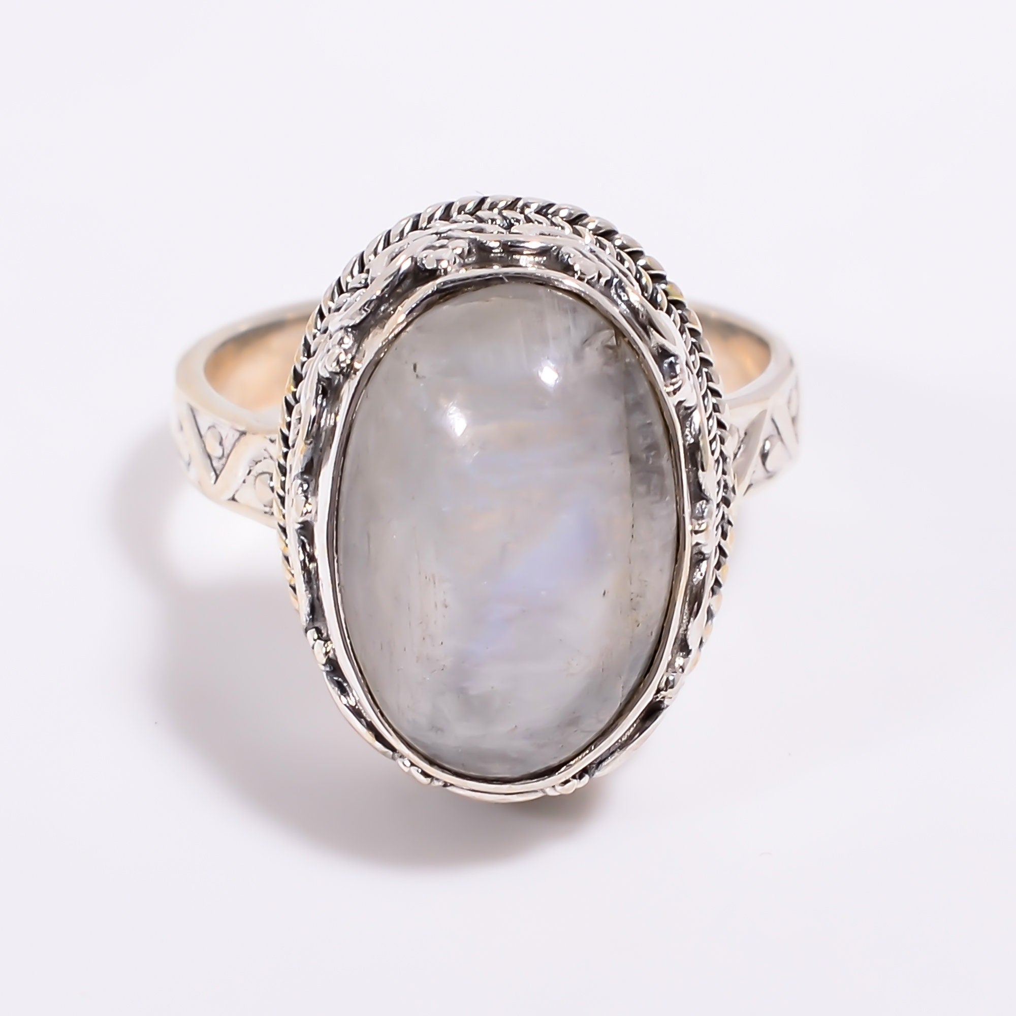 Rainbow Moonstone Ring: Oval Cabochon, 925 Sterling Silver, Handmade