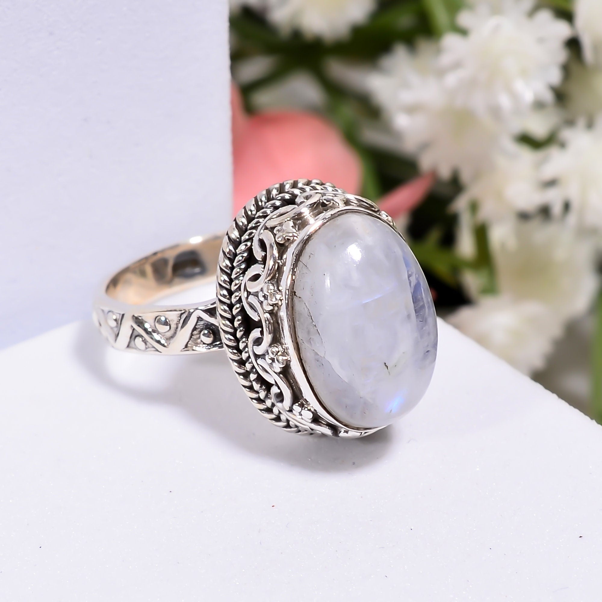 Oval White Moonstone Ring: Sterling Silver, June Birthstone