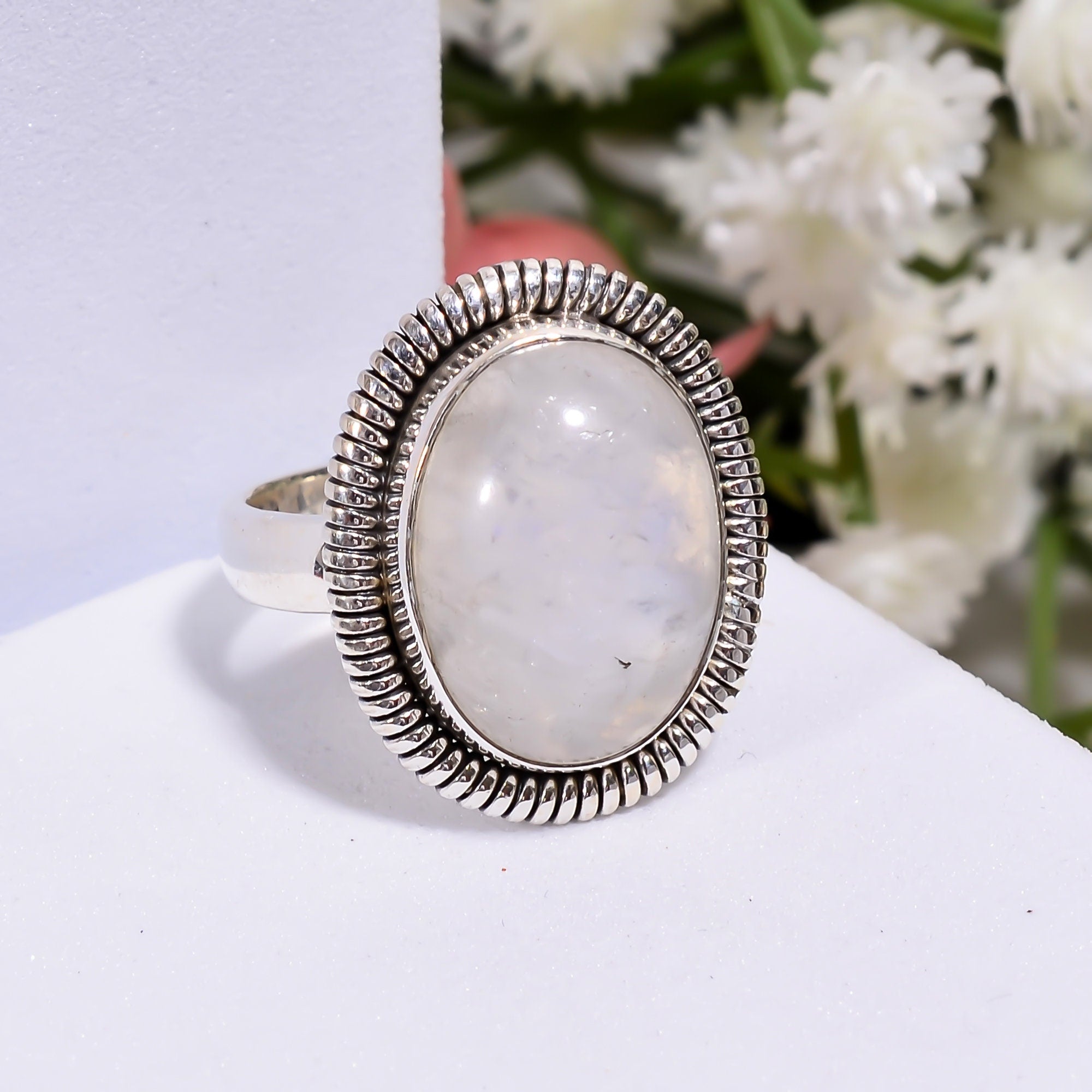 Natural Moonstone Ring: Sterling Silver Boho Statement Jewelry